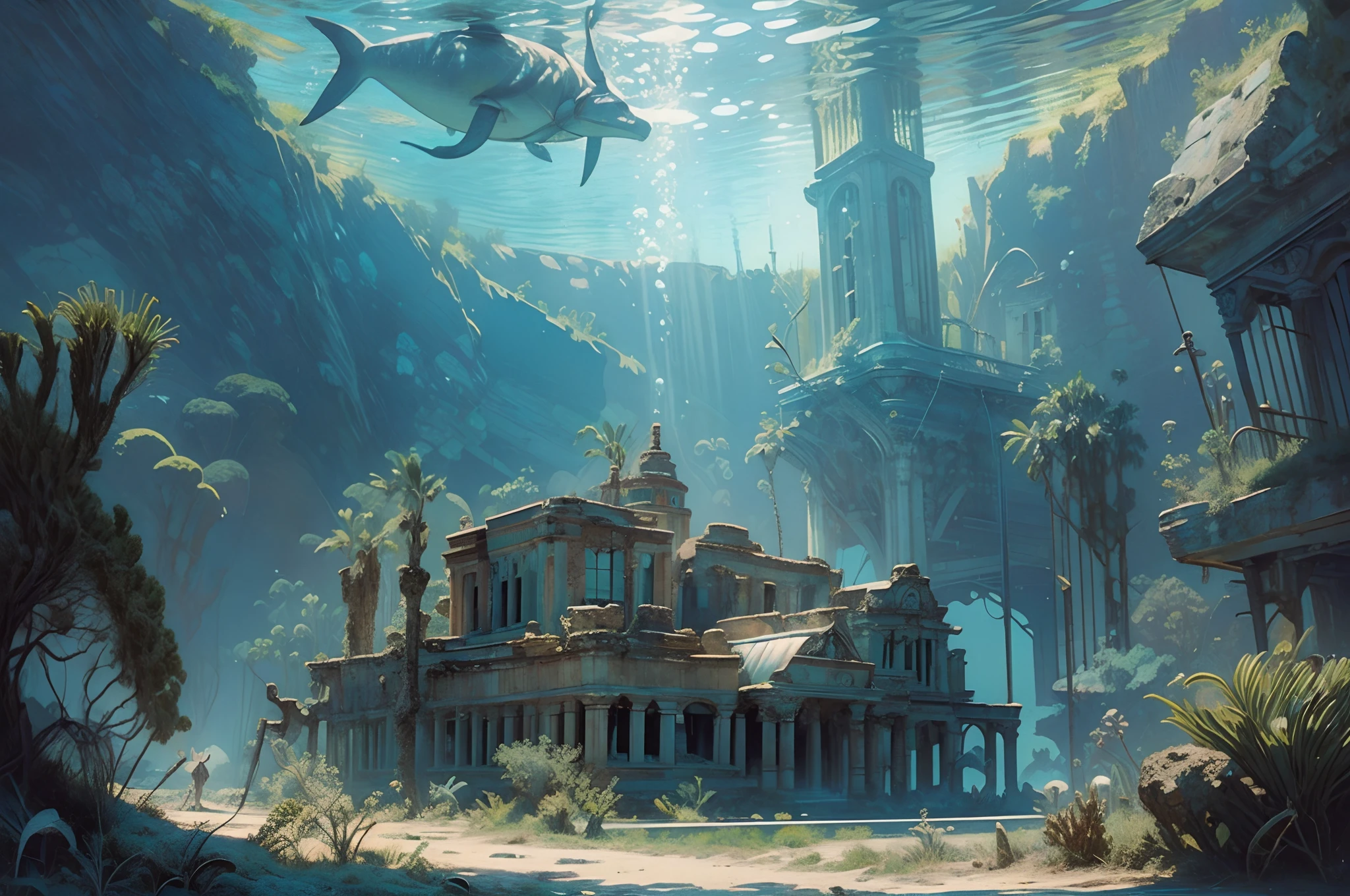 ((nobody)) Vintage Victorian style, Precise old encyclopedia (best quality:1.2), (detailed:1.2), (masterpiece:1.2), ((vintage illustrations of an ancient underwater sunken city ruins))