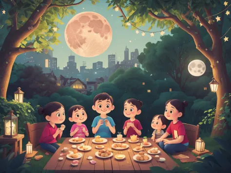 A huge moon floated over the city，The family sits together eating mooncakes，Mom and dad laugh with their children，Have in the li...
