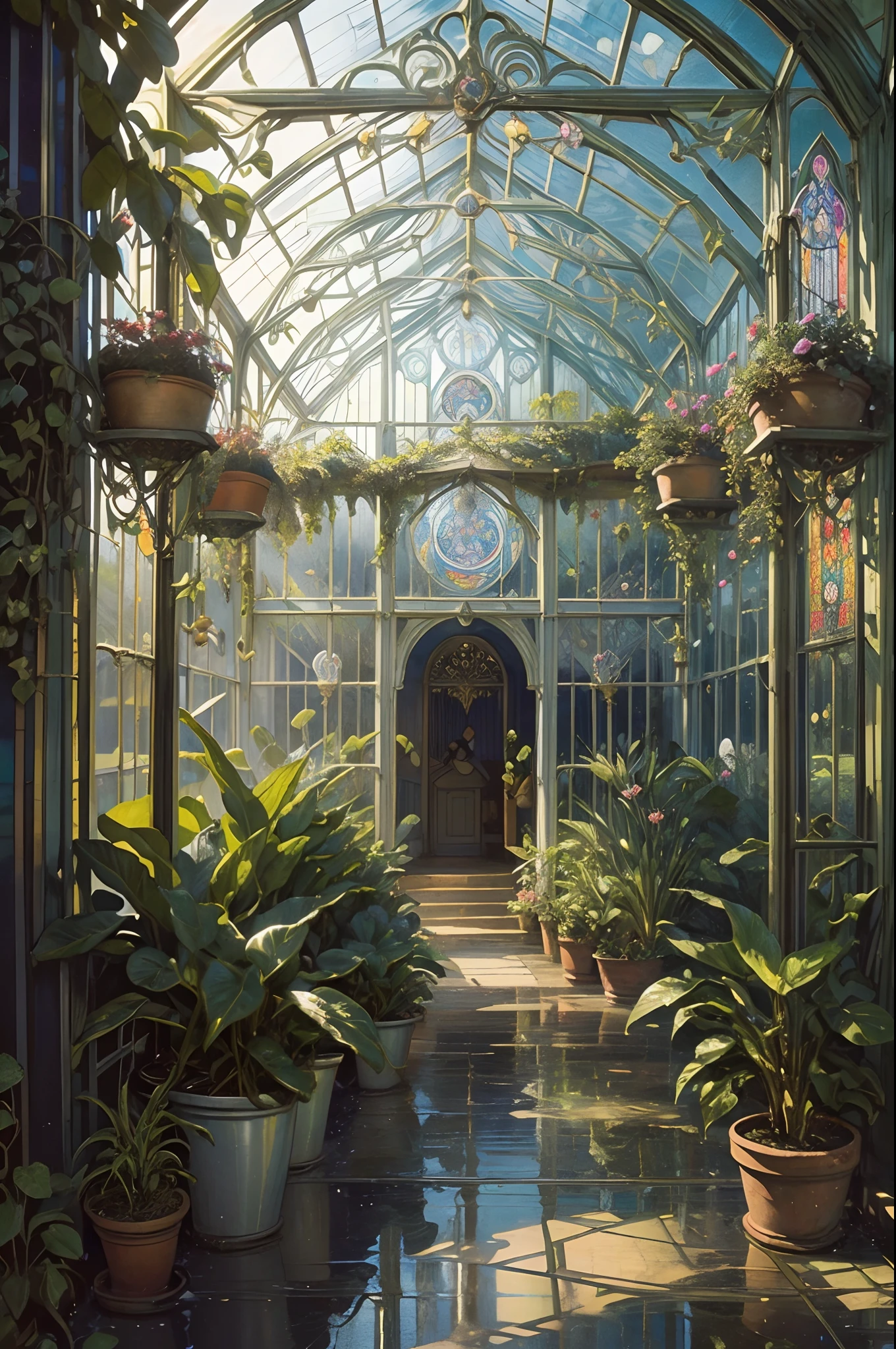 ((nobody)) Vintage Victorian style, Precise old encyclopedia (best quality:1.2), (detailed:1.2), (masterpiece:1.2), ((vintage illustrations of a big greenhouse with many plants, walls are made of stained glass, raindrops, sunlight, iridescent light))