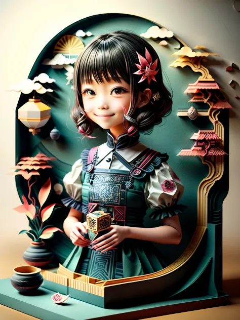 (masutepiece), (best quality),1girll、hair adornments、smile、geometric pattern background、disarray、paper cut out:1.8