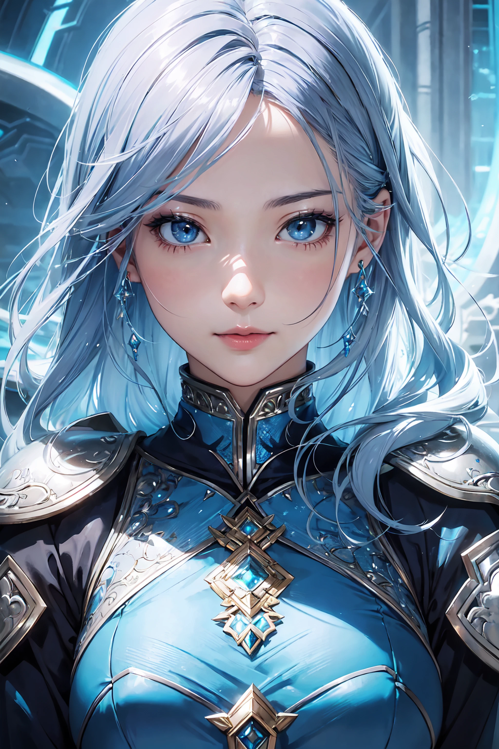 Close up portrait of woman in silver and blue dress, chengwei pan on artstation, by Yang J, detailed fantasy art, Stunning character art, fanart best artstation, epic exquisite character art, Beautiful armor, very detailed Artgerm, Detailed Digital Anime Art, ArtGerm on ArtStation Pixiv, armor girl