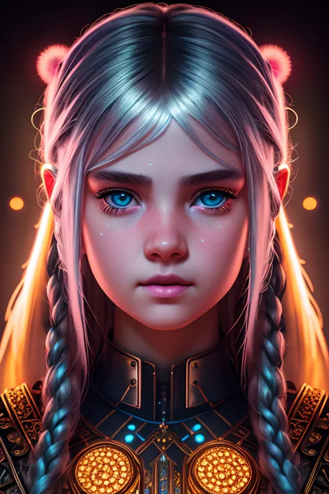 highly detailed portrait of a neon girl, wearing a fantasy costume, greebles, symmetrical face, symmetrical eyes, looks into the...