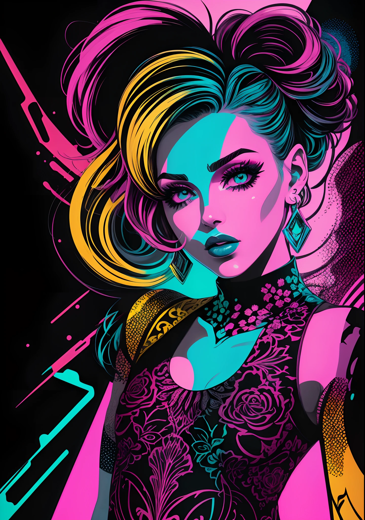 Create a vibrant and edgy pop art-inspired illustration showcasing a beautiful 80s Girl amidst a synthwave backdrop. Portray her with dramatic makeup, unique tattoos, and intricate piercings, highlighting her individuality and nonconformist spirit. Use bold and contrasting colors to evoke a sense of individuality. Emphasize her emotions and attitude through dynamic poses and expressive gestures. Give the artwork a retro 80s-modern twist, infusing it with graphic patterns and elements reminiscent of the 1980s pop art movement to create a visually striking and captivating piece. --auto --s2