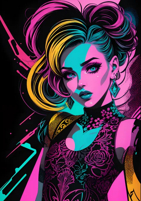 Create a vibrant and edgy pop art-inspired illustration showcasing a beautiful 80s Girl amidst a synthwave backdrop. Portray her...