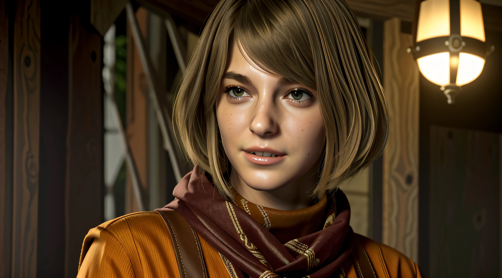 1 fille, seulement, premier plan, Ashley Graham de Resident Evil 4 Remake, Le visage d&#39;Ella Freya, cheveux courts, cheveux blond, veste orange à manches longues, foulard, petit collier, Pull orange à l&#39;intérieur, chaussette noire, Bottes marron foncé, visage souriant, Visage détaillé, sein, La meilleure qualité, haute résolution:1.2, Village du 18ème siècle en arrière-plan, ombres, La nuit, clair de lune, profondeur de champ, foyer central