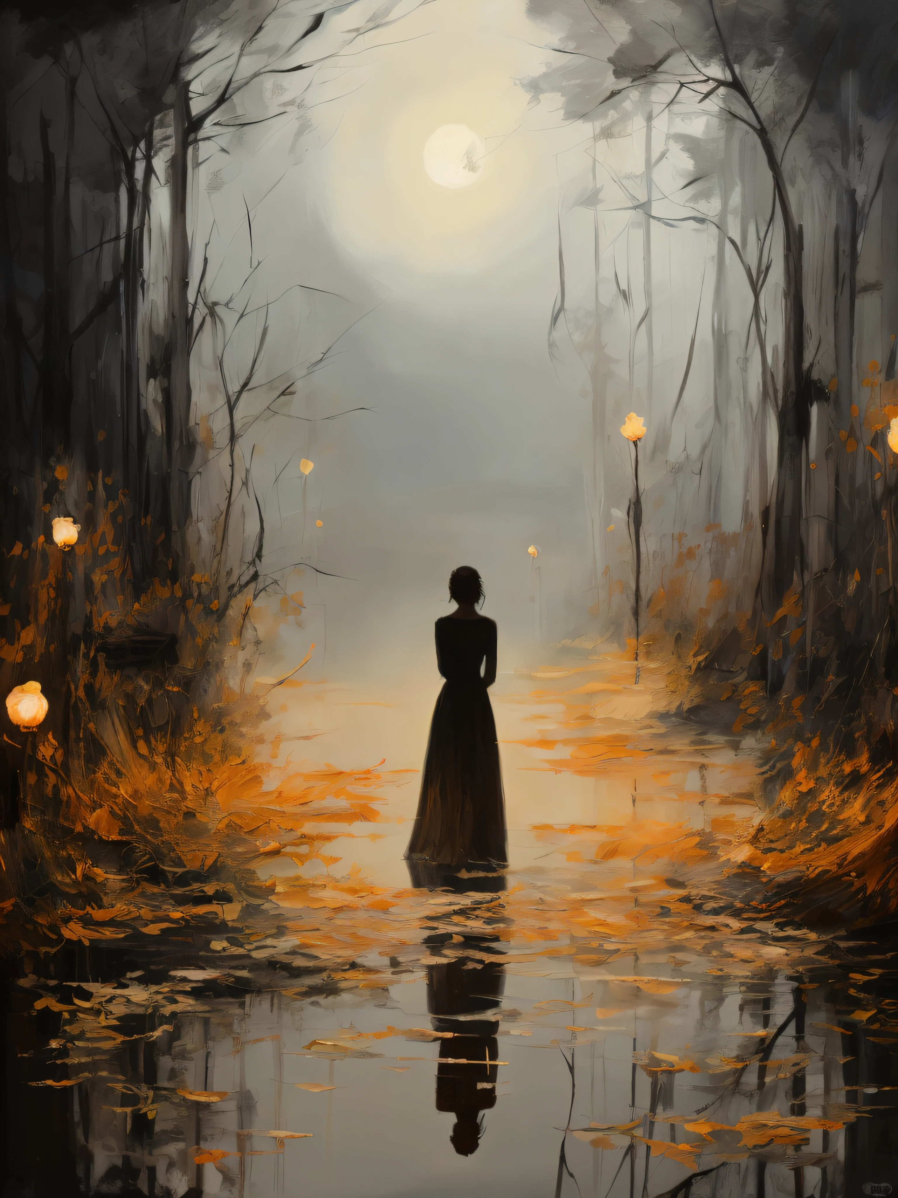 Painting a woman in a long dress standing in a dark forest, Beautiful art UHD 4 K, inspired by Jakub Schikaneder, woman in a dark forest, girl under lantern, mood painting, Detailed painting 4 K, dreamlike digital painting, calm evening. Digital illustration, fantasy digital painting, 4 k digital painting, 4k digital painting