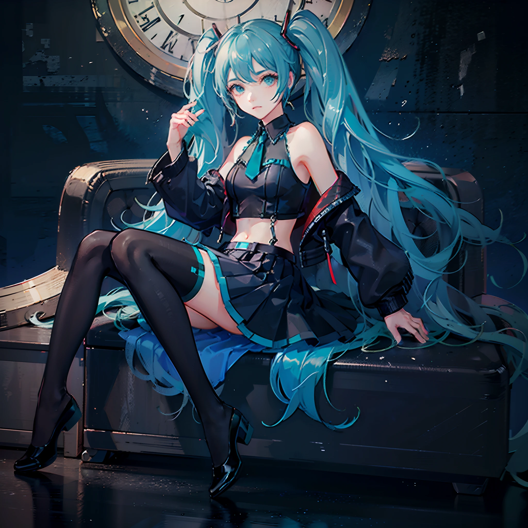 (8k,1girl, solo, azure hair with black fringes), Hatsune_Miku, dark colours, (gothic crop_top, black leather jacket) , mascara, (green and red micro skirt, sporty black kneehighs) , shoulder look, unimpressed expression