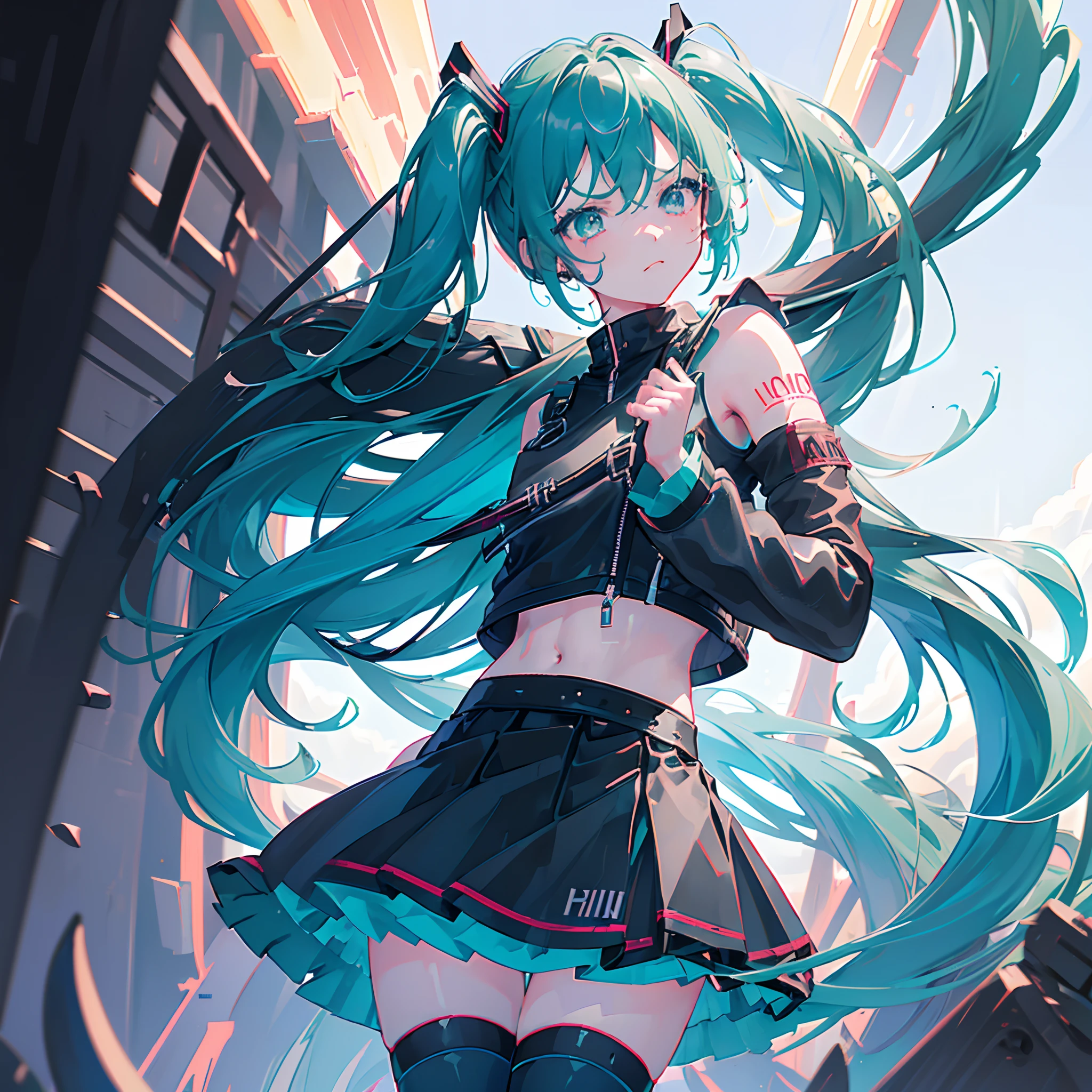 (8k,1girl, solo, azure hair with black fringes), Hatsune_Miku, dark colours, (gothic crop_top, black leather jacket) , mascara, (green and red micro skirt, sporty black kneehighs) , shoulder look, unimpressed expression