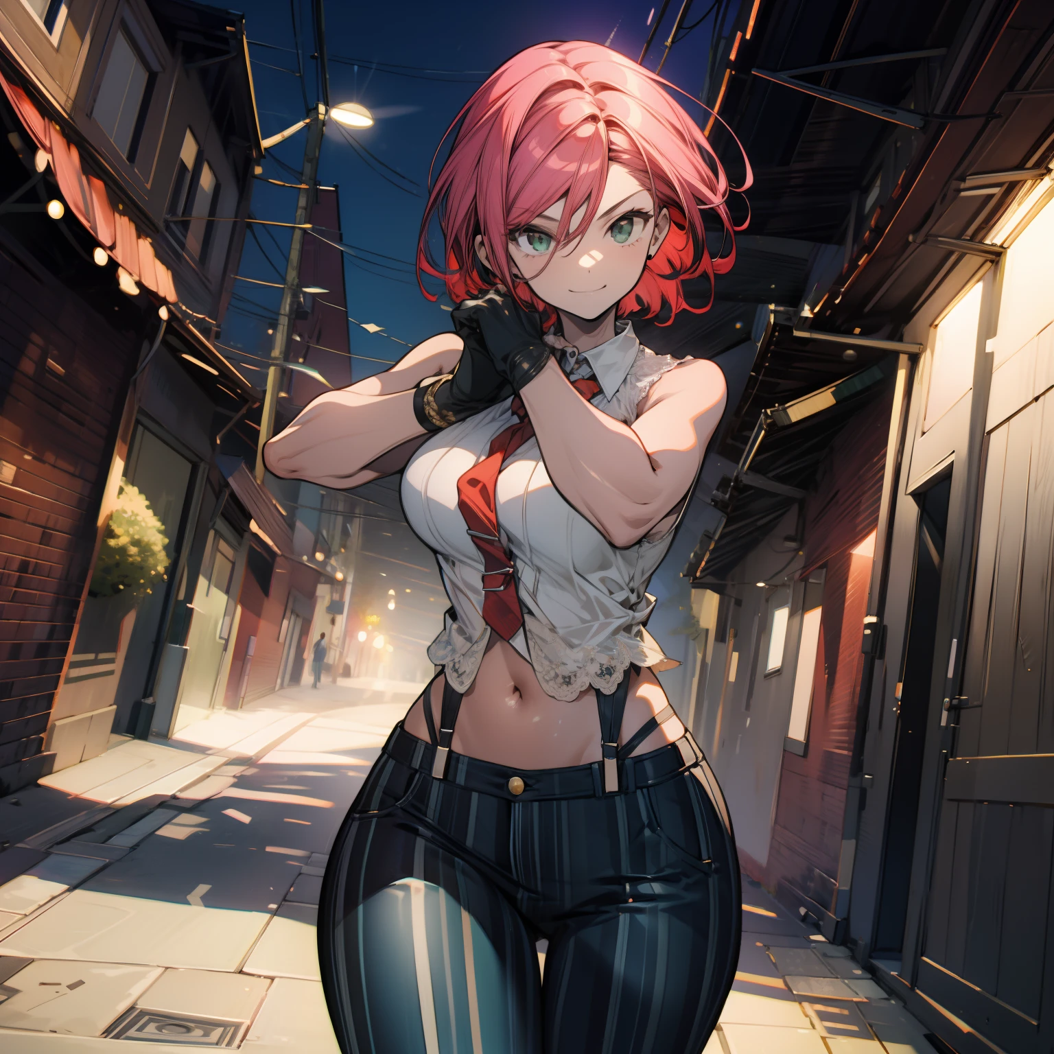 masterpiece, best quality, ultra-detailed, 1girl, VanessaMS, milf, thick, mature face, slender, thin body, tall, red tie, white sleeveless button-down shirt, modern shirt, dark green pants , striped pants, navel, smile, empty street, boxing pose, thin body, cowboy shot, volumetric lighting, intricate details, tonemapping, sharp focus, hyper detailed, sexy, flirty ;)