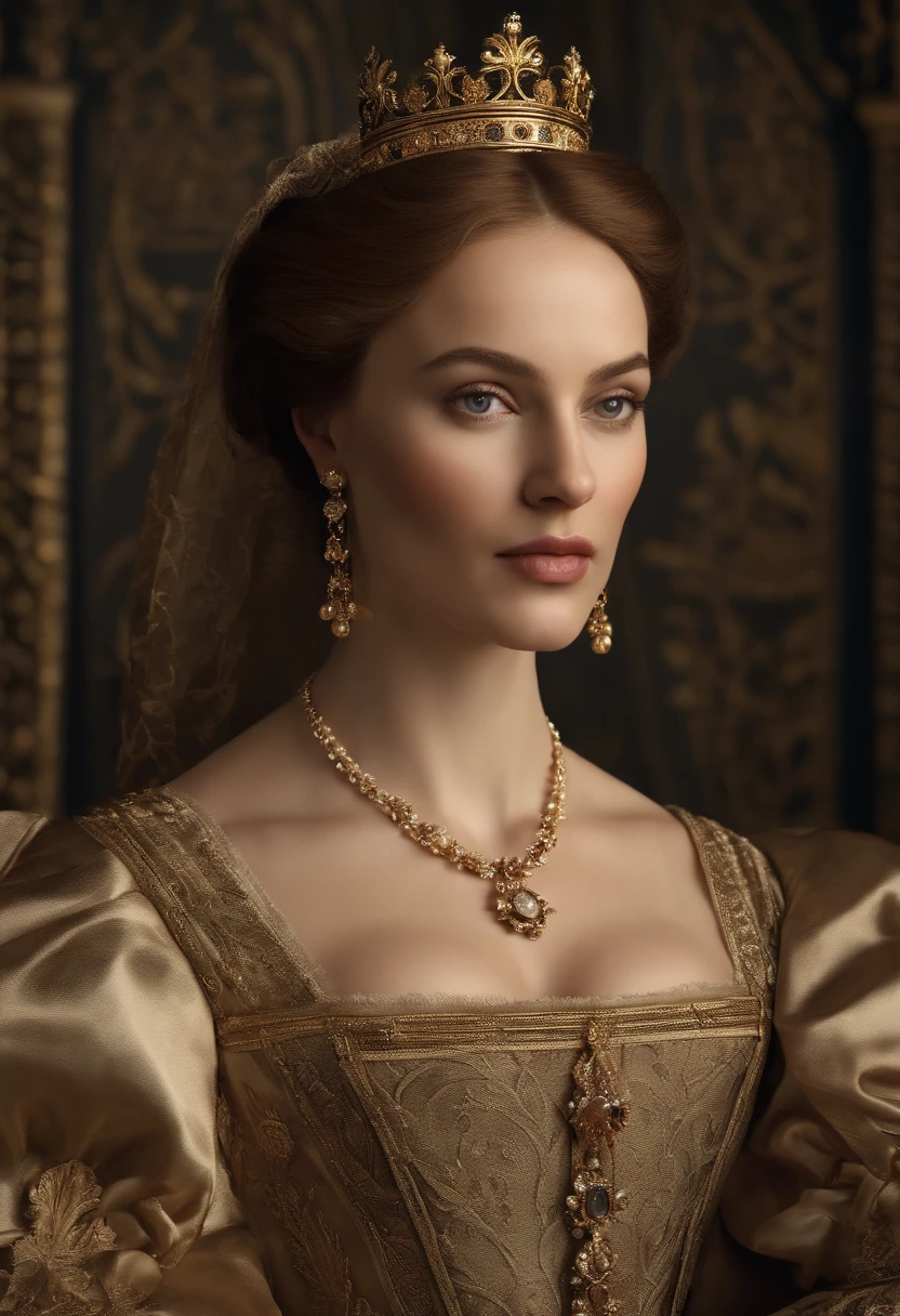 (Best quality,ultra-realistic:1.2),A high resolution,Ultra-detailed,Portrait wife of King Henry VIII,Toile de fond urbaine,Beaux yeux expressif,beautiful detailed lips,espagnole, cheveux sombre, Beautiful and elegant personality,Sumptuous dress outfit as well as the hairstyle of his time that reflects the royal status. religieux, foi catholique. Tenez-vous en confiance, ,Mediterranean skin colors, espagnole.Sculpted skin,Joaillerie,colliers croix catholique,Contexte historique,Calm and powerful manners,Dark black and gold color scheme,maquillage naturel,glowing complexion,Ornate crown,Royal and elegant presence,Expression sereine,Improve facial features,Des cheveux de luxe fluides.Face to face the screen. Gaze fixed on the screen., Realstic, 8k, Cinematic face to the screen.