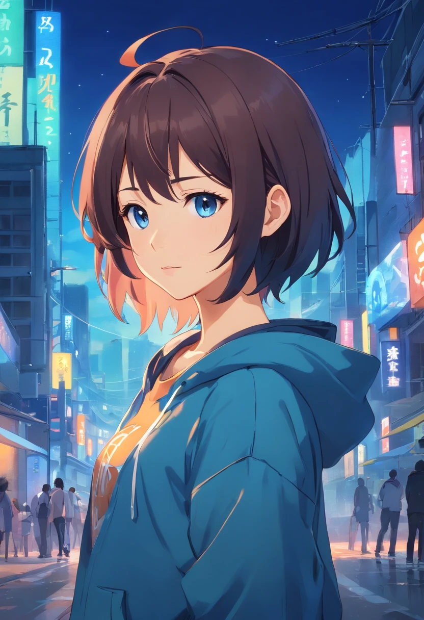 A woman in a blue hoodie stands in the middle of a city at night - SeaArt AI