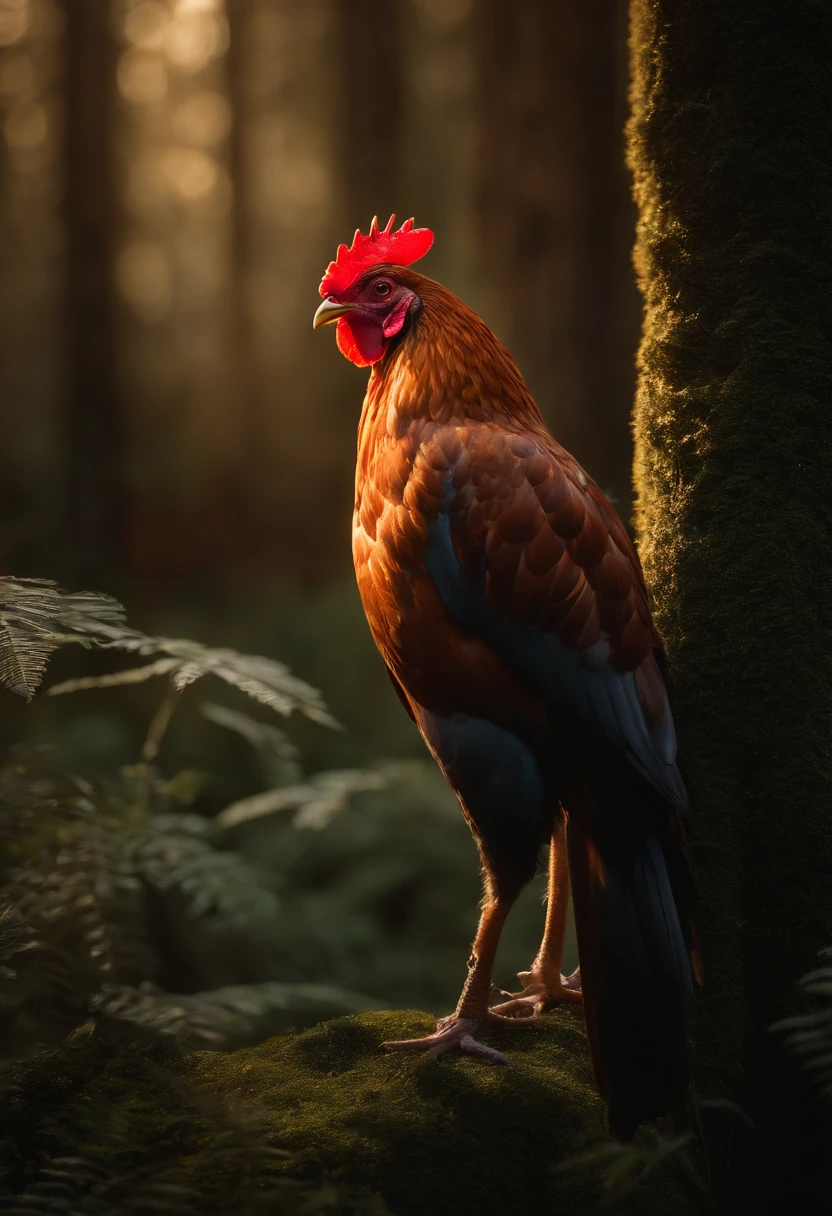 a red chicken + gold chain + in the woods + Cinematic lighting, Unreal Engine 5, Cinematic, Color Grading, Editorial Photography, Photography, Photoshoot, Shot on 70mm lense, Depth of Field, DOF, Tilt Blur, Shutter Speed 1/1000, F/22, White Balance, 32k, Super-Resolution, Megapixel, ProPhoto RGB, VR, tall, epic, artgerm, alex ross, Halfrear Lighting, Backlight, Natural Lighting, Incandescent, Optical Fiber, Moody Lighting, Cinematic Lighting, Studio Lighting, Soft Lighting, Volumetric, Contre-Jour, dark Lighting, Accent Lighting, Global Illumination, Screen Space Global Illumination, Ray Tracing Global Illumination, Red Rim light, cool color grading 45%, Optics, Scattering, Glowing, Shadows, Rough, Shimmering, Ray Tracing Reflections, Lumen Reflections, Screen Space Reflections, Diffraction Grading, Chromatic Aberration, GB Displacement, Scan Lines, Ray Traced, Ray Tracing Ambient Occlusion, Anti-Aliasing, FKAA, TXAA, RTX, SSAO, Shaders, OpenGL-Shaders, GLSL-Shaders, Post Processing, Post-Production, Cel Shading, Tone Mapping, CGI, VFX, SFX, insanely detailed and intricate, hypermaximalist, elegant, hyper realistic, super detailed, dynamic pose, centered, photography --v 4