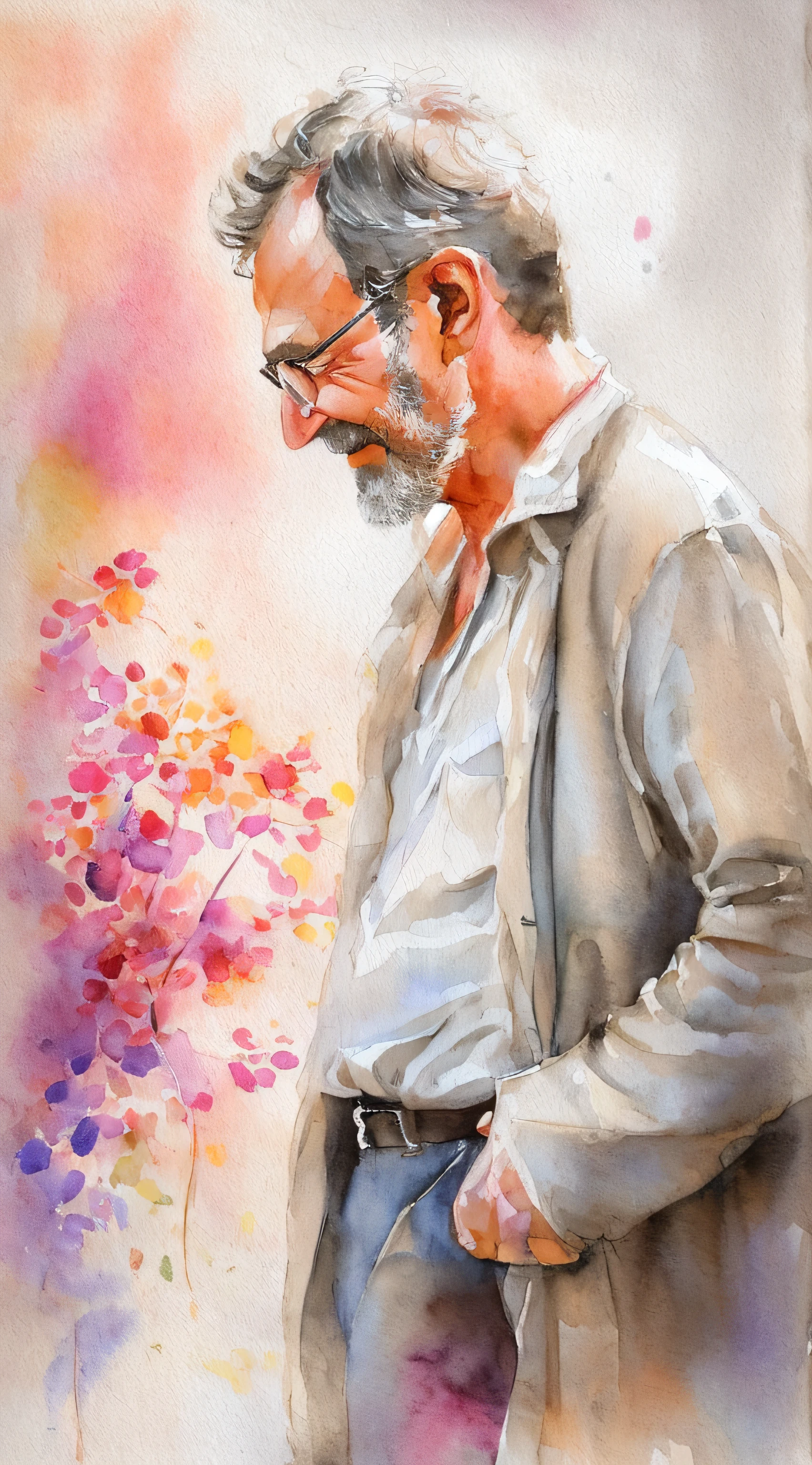 Homem, 50 anos, Pintura aquarela delicada, Romantic watercolor, Artista apaixonado, art-station, Smoothness in high definition, Soft and romantic colors, luz natural suave, Lente macro para detalhes sutis, Perspectiva delicada