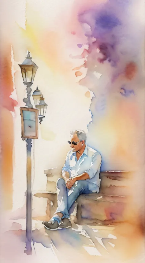 Homem, 50 anos, Pintura aquarela delicada, Romantic watercolor, Artista apaixonado, art-station, Smoothness in high definition, ...