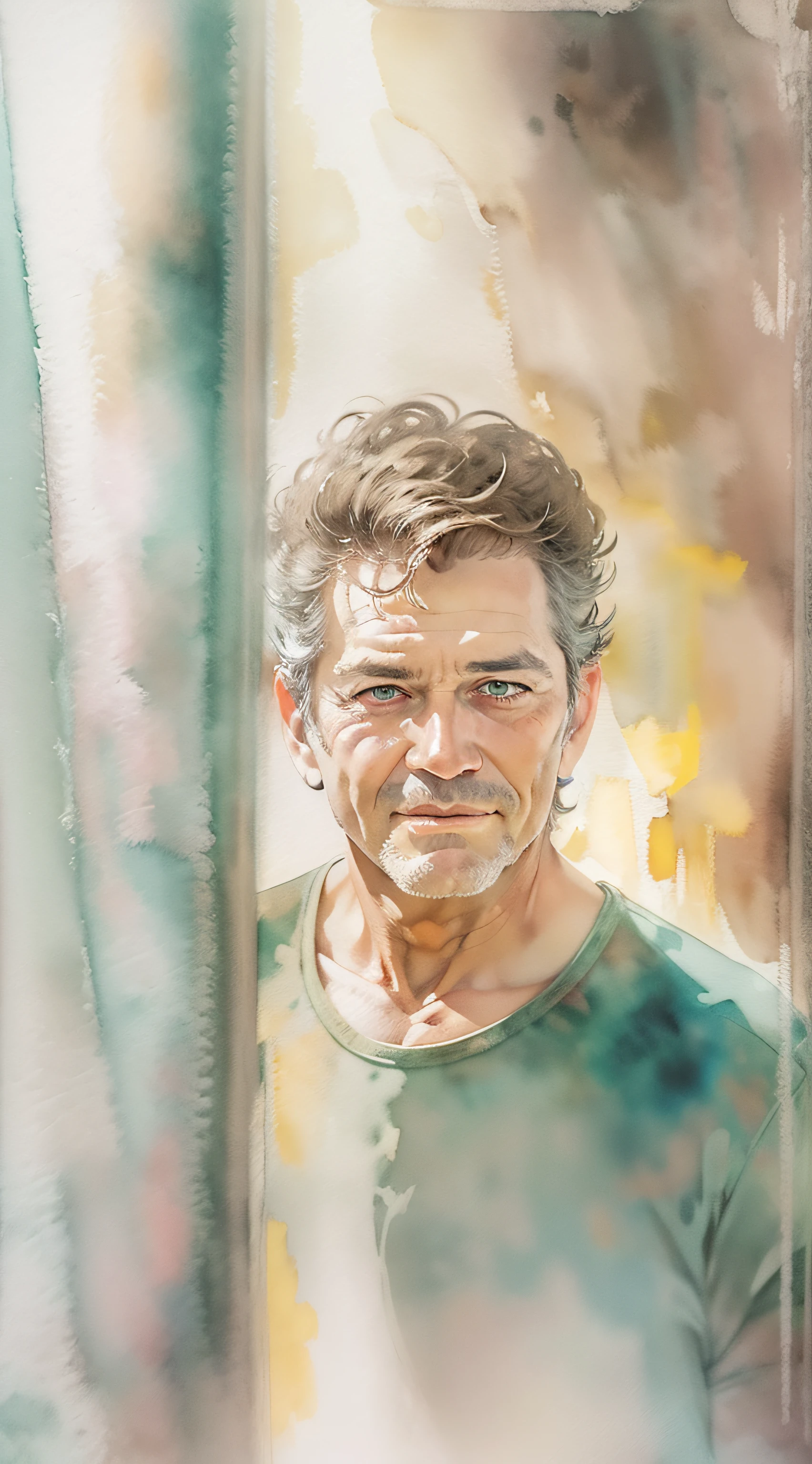 Homem, 50 anos, Pintura aquarela delicada, Romantic watercolor, Artista apaixonado, art-station, Smoothness in high definition, Soft and romantic colors, luz natural suave, Lente macro para detalhes sutis, Perspectiva delicada