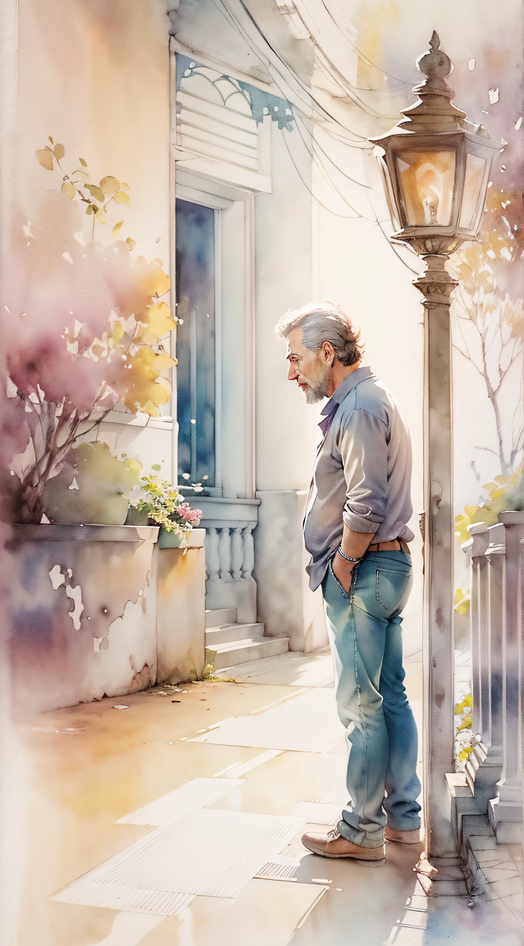 Homem, 50 anos, Pintura aquarela delicada, Romantic watercolor, Artista apaixonado, art-station, Smoothness in high definition, Soft and romantic colors, luz natural suave, Lente macro para detalhes sutis, Perspectiva delicada