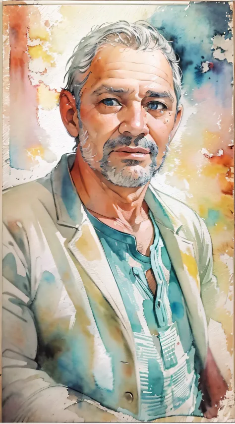 homem, 50 anos, pintura aquarela delicada, romantic watercolor, artista apaixonado, art-station, smoothness in high definition, ...