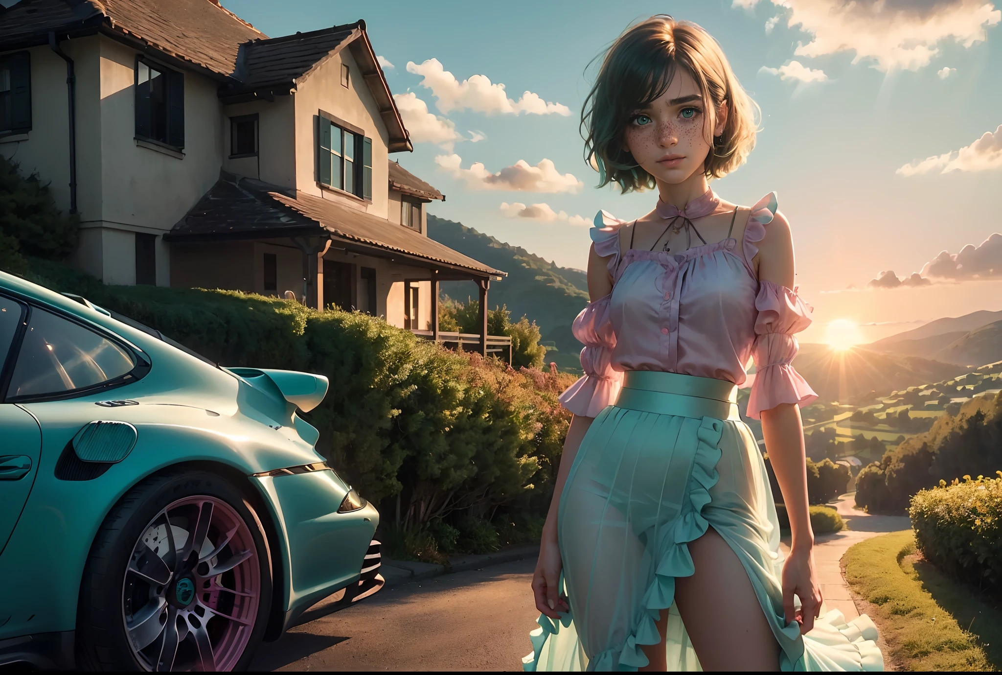 (((realism))), (a girl stand leaning against front a aqua green porsche car:1.6), girl focus, ((see through white frilly shirt:1.3), full body, (pink maxi satin skirt:1.3), (sweaty)), (flashing panty:1.3), 25 years old, (beautiful puffy clouds,  sunset sky), (sunset, lush autumn hillside background:1.5), ((small chest, slim, thin body)), (photography, realistic, bokeh, blur, from below), ((wavy bob cut)), (cenimatic lights, soft lights, detailed lighting:1.3)