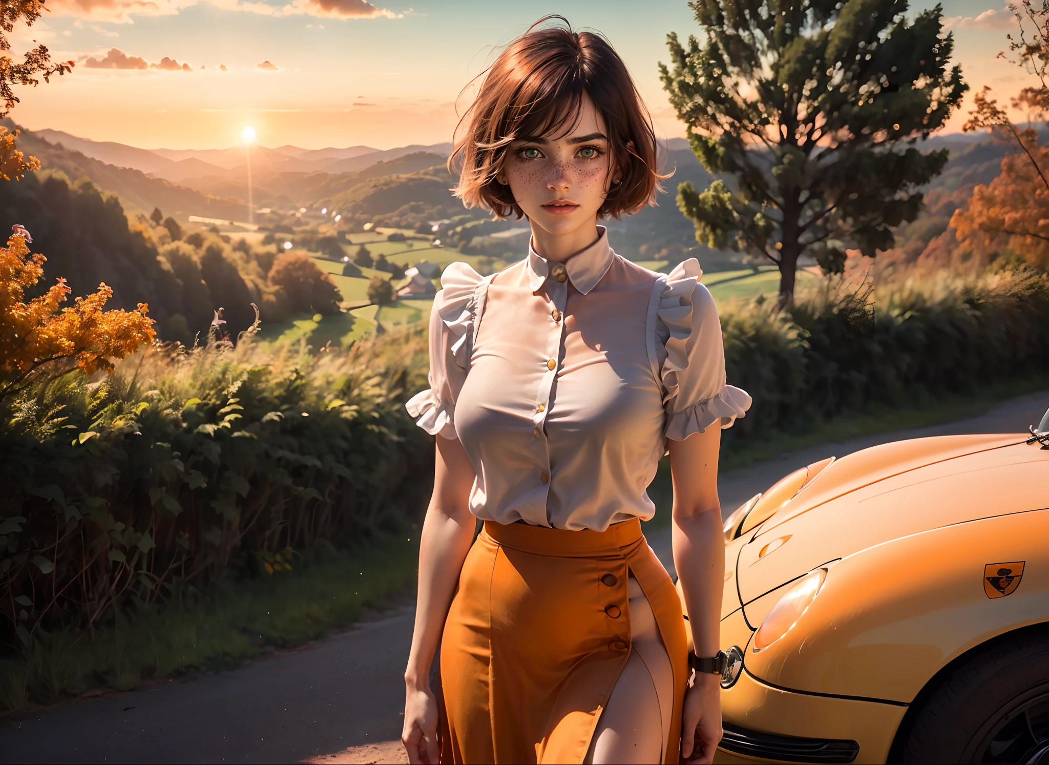 (((réaliste))), (une fille se tient appuyée contre une voiture Porsche vintage orange pâle:1.6), fille se concentrer, ((Voir à travers la chemise blanche à froufrous:1.3), Tout le corps, (jupe longue en satin rose:1.3), (en sueur)), (aréoles clignotantes, aréoles gonflées:1.3), 25 ans, (Beaux nuages gonflés,  coucher de soleil sky), (coucher de soleil, fond de colline d&#39;automne luxuriant:1.5), ((petite poitrine, Mince, corps mince)), (la photographie, réaliste, bokeh, se brouiller), ((coupe bob ondulée)), (Lumières CENIMATIC, lumières douces, Éclairage détaillé:1.3)