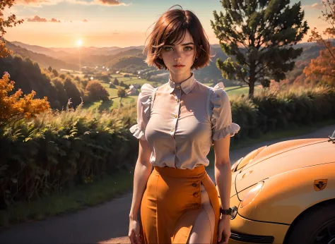 (((realistic))), (a girl stand leaning against front a pale-orange vintage porsche car:1.6), girl focus, ((see through white fri...