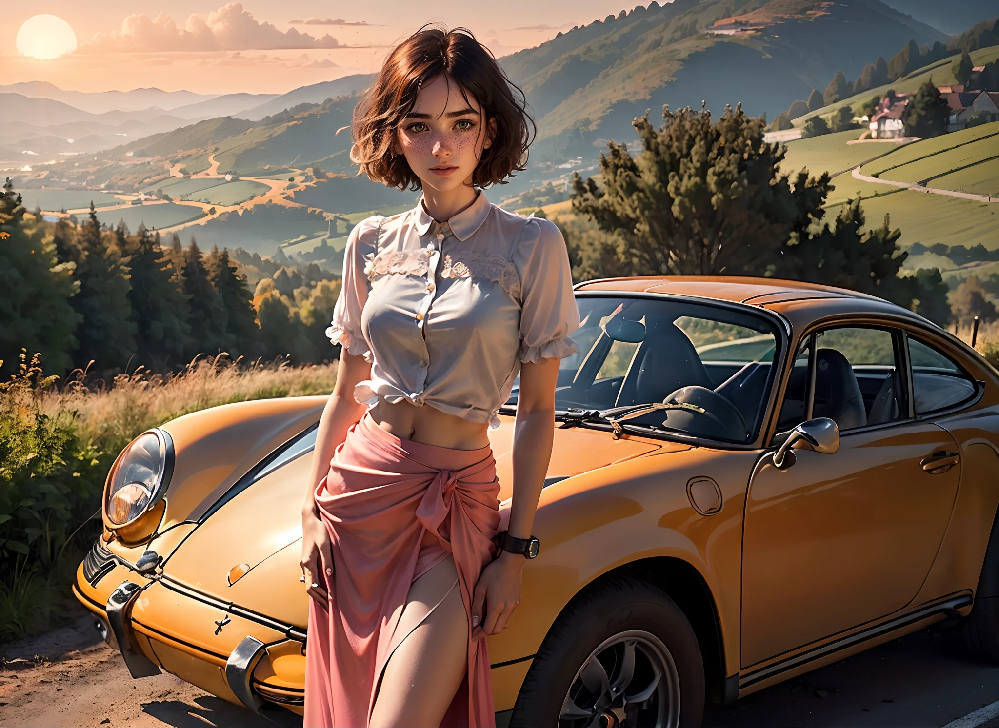 (((realistic))), (a girl stand leaning against front a pale orange vintage porsche car:1.6), girl focus, ((see through white frilly shirt:1.3), full body, (pink maxi satin skirt:1.3), (sweaty)), (flashing panty:1.2), 25 years old, (beautiful puffy clouds,  sunset sky), (sunset, lush autumn hillside background:1.5), ((small chest, slim, thin body)), (photography, realistic, bokeh, blur), ((wavy bob cut)), (cenimatic lights, soft lights, detailed lighting:1.3)