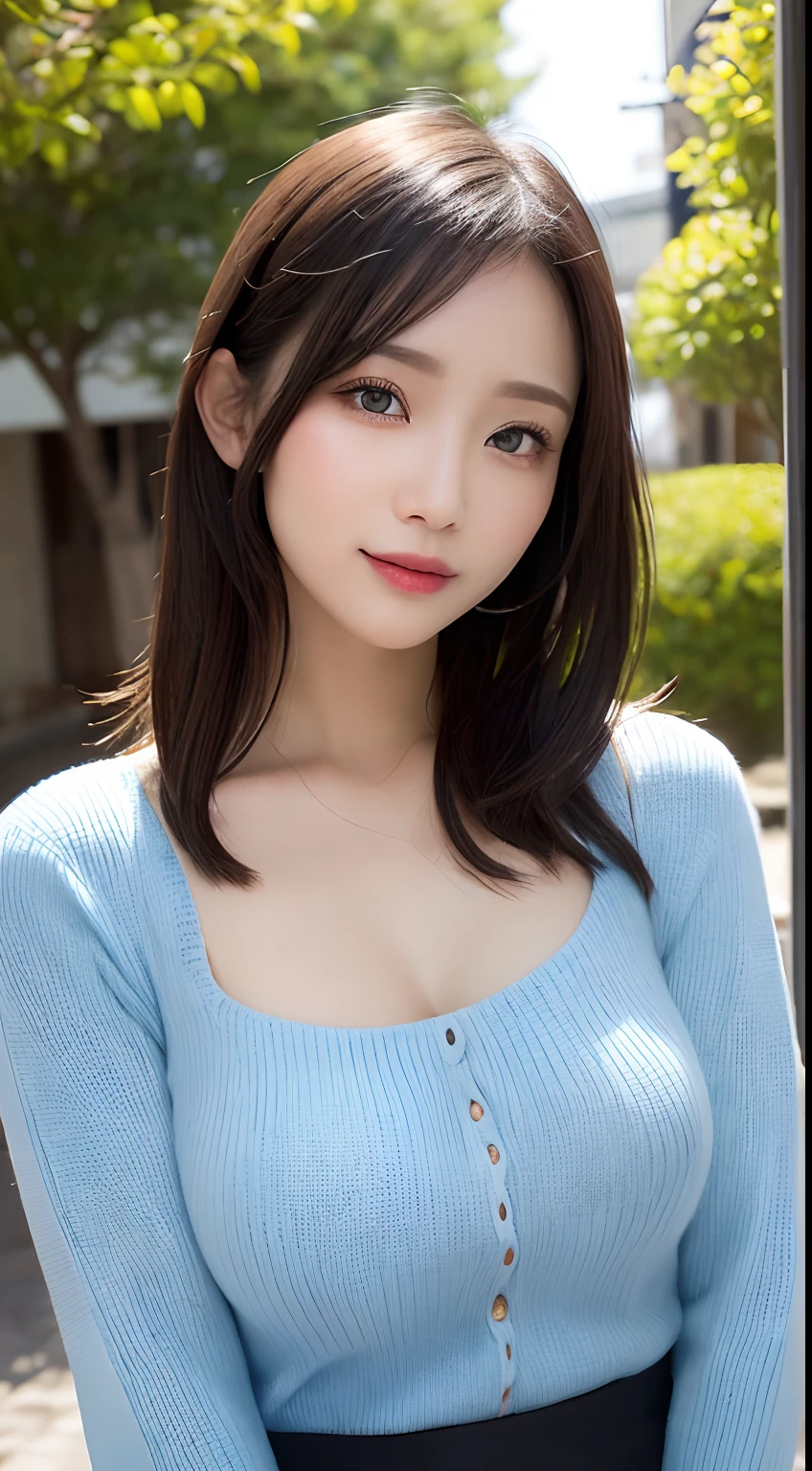 masutepiece, Best Quality, Photorealsitic, finely detail, hight resolution, 8K Wallpapers, Perfect dynamic composition, Beautiful detailed eyes, Medium Hair, Medium chest, Random and sexy poses,Bring your chest together、(Tight Blue Knitwear)、(Breast bulge)、A smile、open open mouth、The tip of the tongue is visible、Beautiful resort scenery、25-years old、(Drooping eyes 1.4)、Adult beauty、japanes