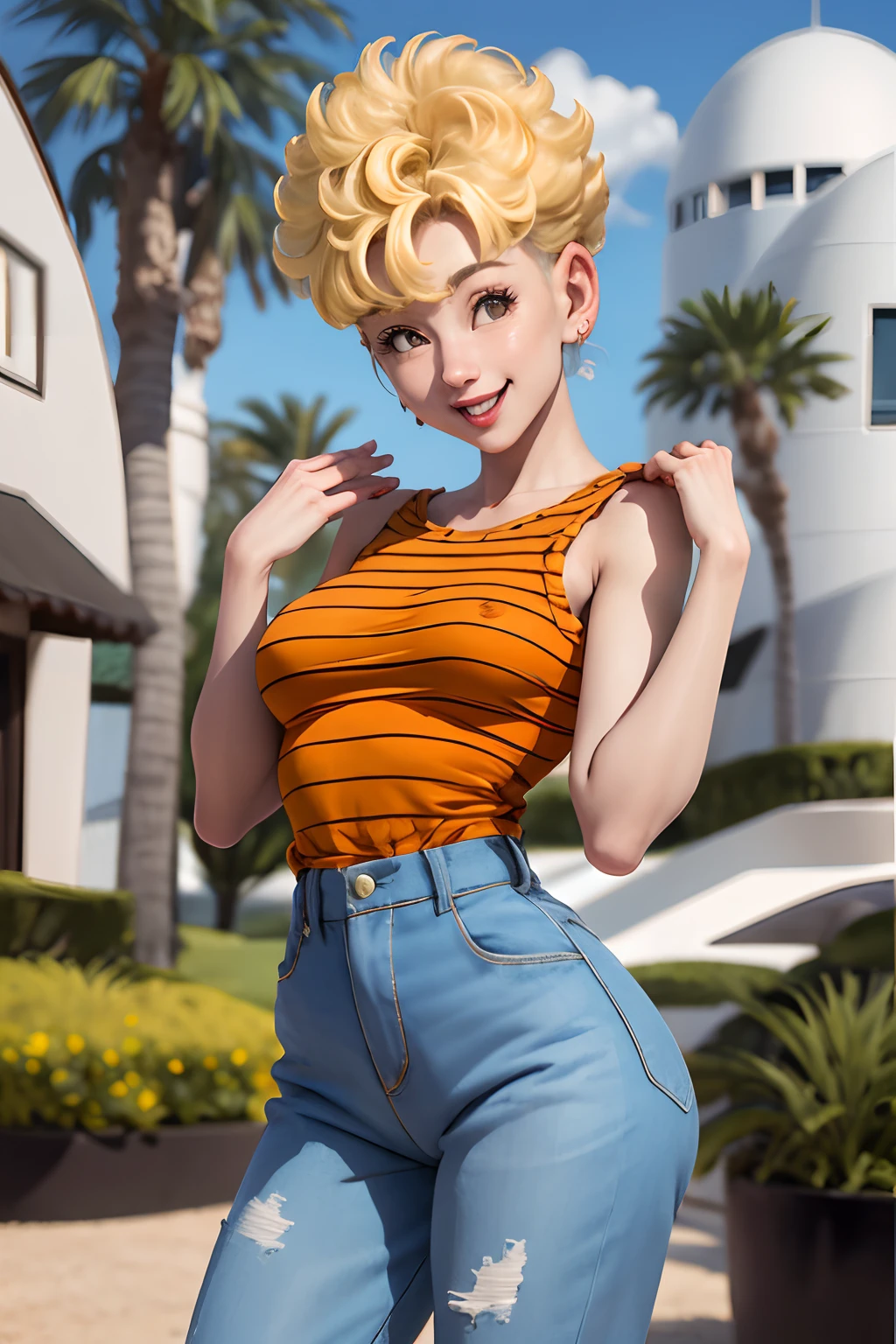 Masterpiece, Best Quality, panchy, Orange shirt, strapless, beltt, blue pants, Closed eyes, happy, SMILE, Closed mouth, big breasts, waving with one hand, watering plants