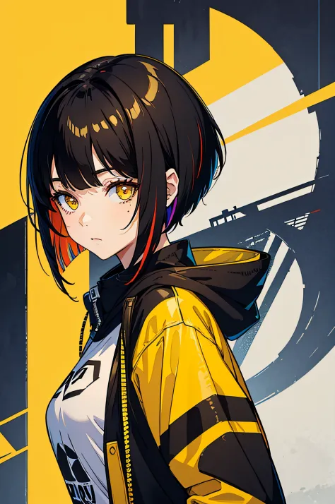 masterpiece,best quality,1girl,solo,multicolored hair,bobcut,no background,streetwear,model,black hair,brown hair, yellow eyes