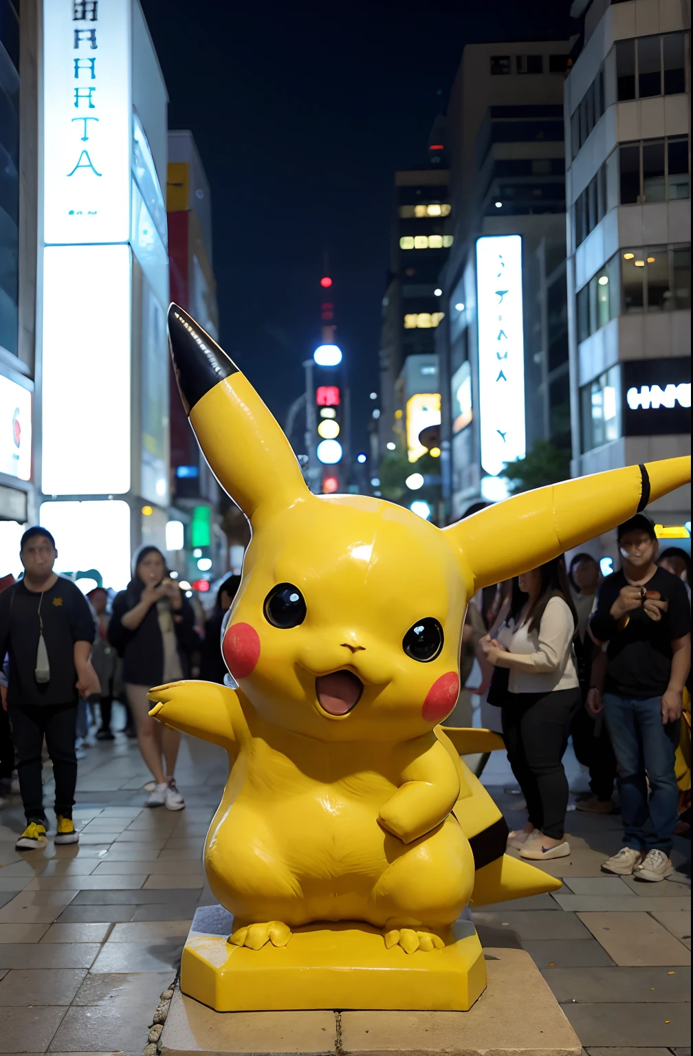 ポケモン像が夜の街にあり、人々が通り過ぎる - SeaArt AI