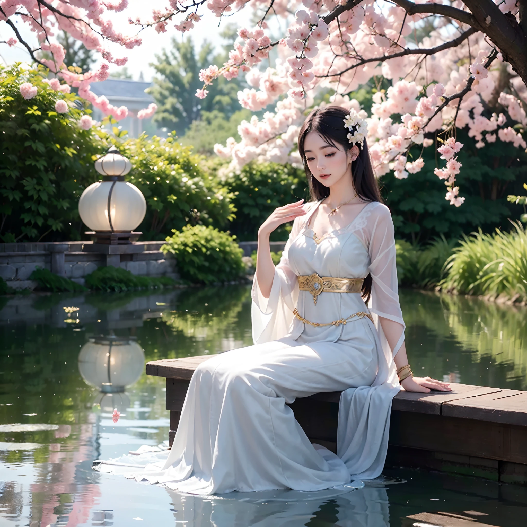 (Best quality,4K,8K,A high resolution,Masterpiece:1.2),Ultra-detailed,(Realistic,Photorealistic,photo-realistic:1.37),illustration,Mythical,lunar goddess,Garden setting,tranquil ambiance,mistic,Ethereal beauty,Exquisite features,with light glowing,A heavenly aura,Gorgeous palace,sparkling reflections,Golden fragrance,Celestial harmony,mythological creatures,lotuses,Blooming cherry blossoms,Exquisite temple bells,flock,Floating lanterns,exquisite costumes,enchanting landscape,Dreamlike,Gorgeous color palette,muted pastels,Subtle nuances,posing elegantly,Presence with dignity,Dreamy lighting,magical ambiance