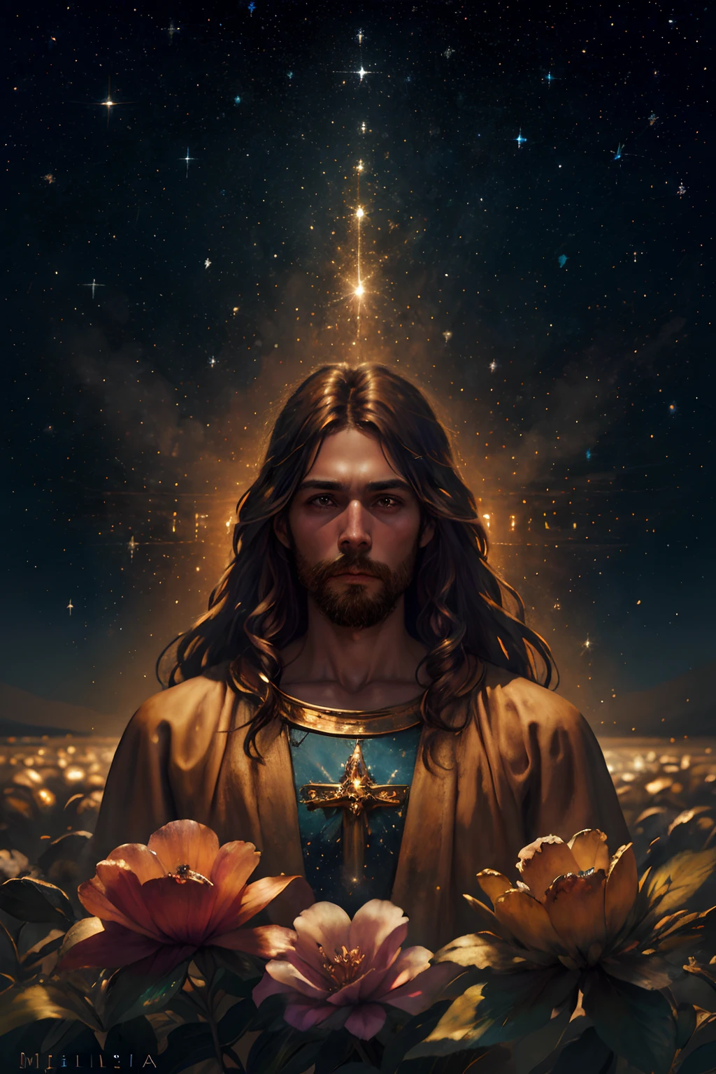 Half portrait, The best quality, Masterpiece, ultra-high-resolution, (realistic photo:1.4), surrealism, dream-like,
1 Jesus Christ, Absurdly long hair, starry sky, evening,stars, Galaxy, flower,