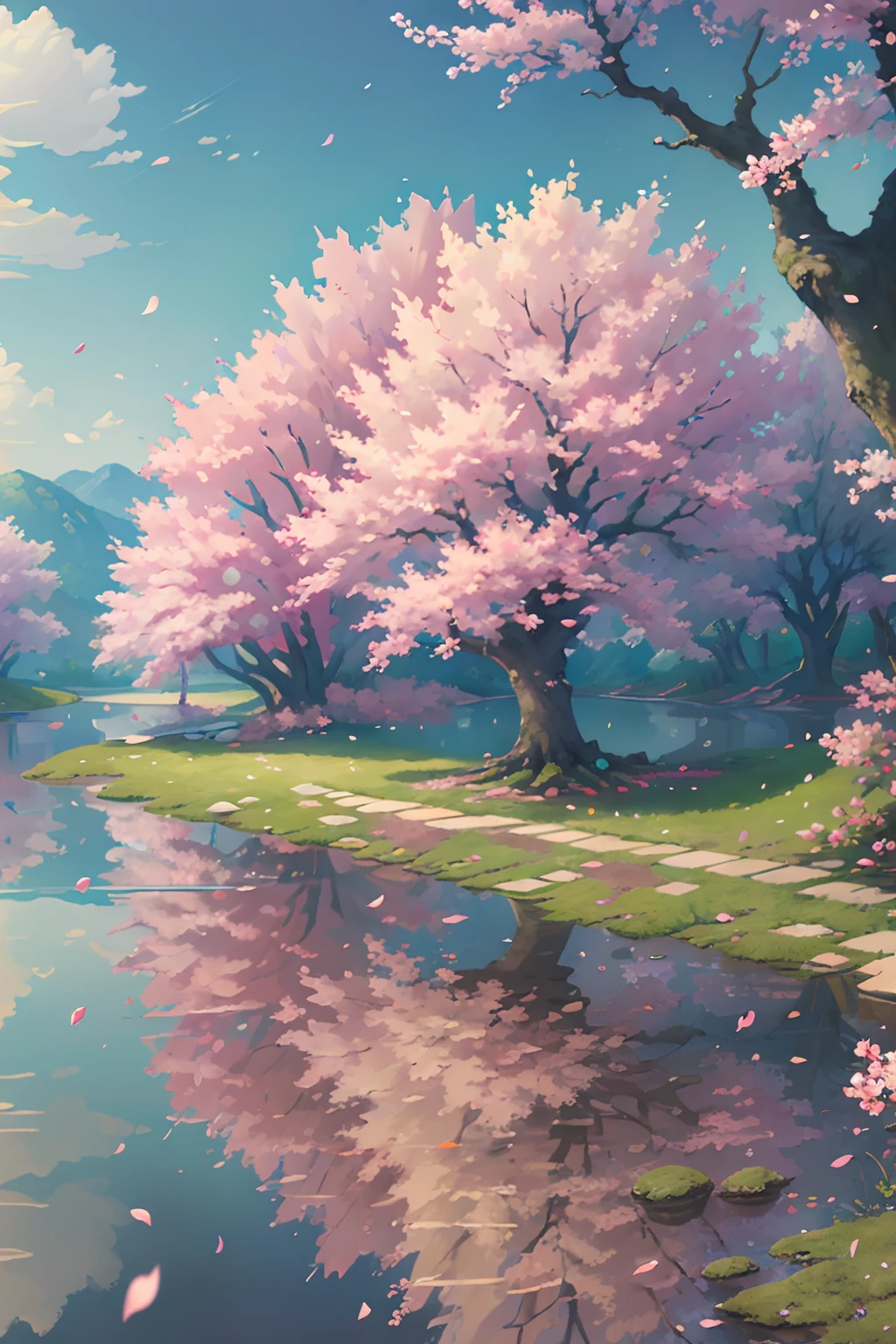 original,(illustration:1.1),(best quality),(masterpiece:1.1),(extremely detailed CG unity 8k wallpaper), (colorful:1.2), sakura tree, sakura petals,landscape,  river|road,