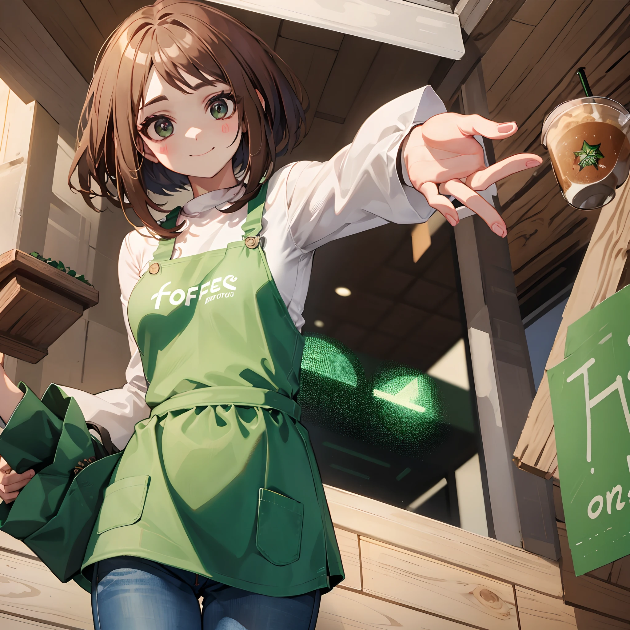 high quality of image, 4K, 1 girl, Brown eyes, face detailed, detailed fingers, corpo sexy, beautfull woman, face ultra-detailed, detailedeyes, best qualityer, happy face, brownhair, Starbucks clothes, jeans, green apron starbucks, coffee shop