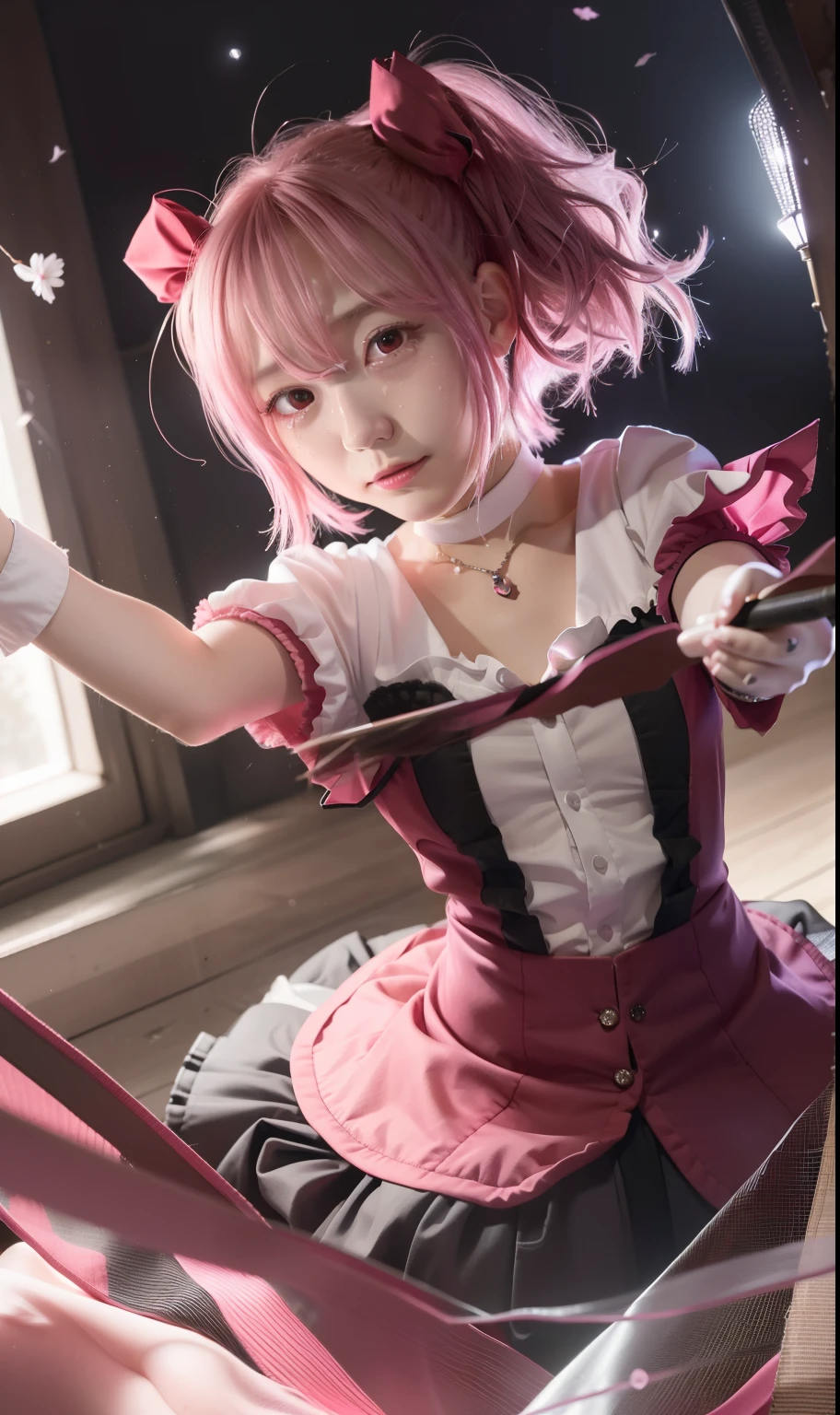 masutepiece, Best Quality, 1girl in, Curl up, Solo, Pink hair, double ponytails, Tears, Pink eyes, gloves, sorcerer, Outstretched arms, Collar, (nffsw: 0.6)、Madoka Magica