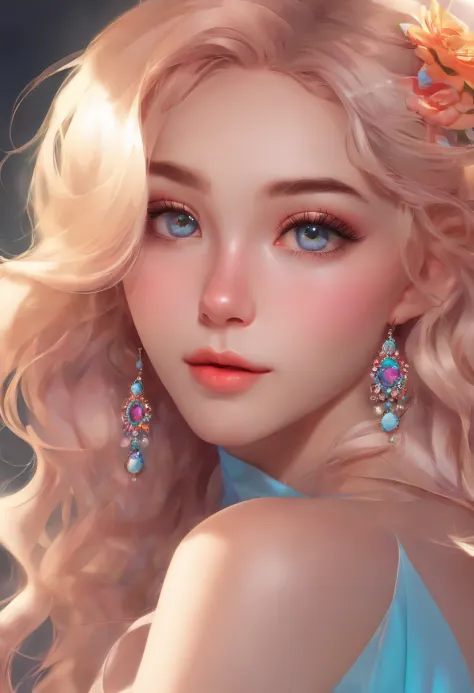 ((ultra detailed)),((Bright eyes)), (Detailed eyes) , 8k, blink blink, (The Little Faux Freckles Makeupgirl), ((realistic skin)), ((focus detailed 2 straps on the shoulders of dress)) , ((shiny facial skin)), with colorful hair and a colorful dress, rossdr...