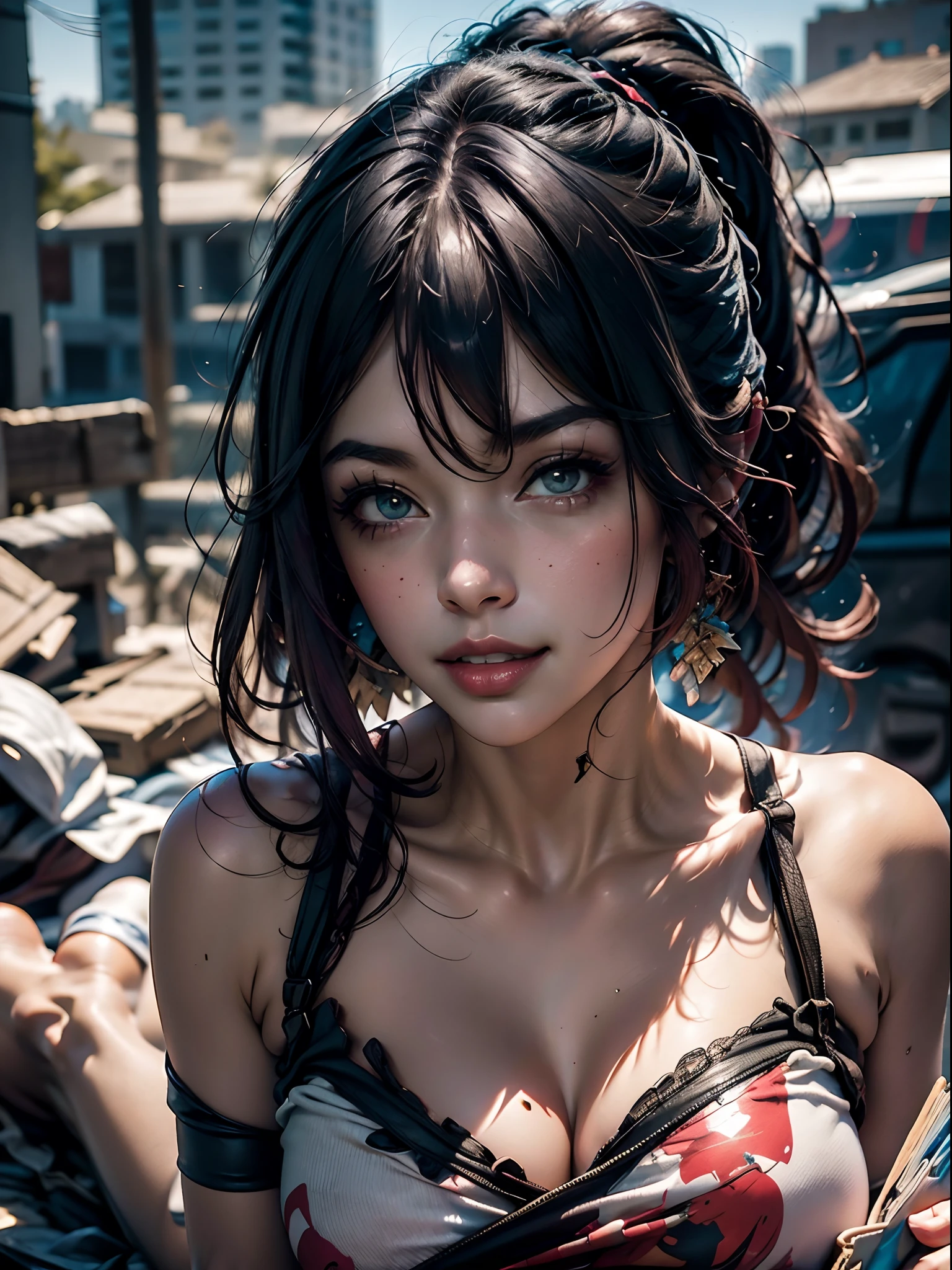 Very attractive cyberpunk girl lying in a pile of junk mail, naked girl, breasts bare, naked, extremely realistic image, Ultra Definition, 8k) image seen from above, panoramic image.