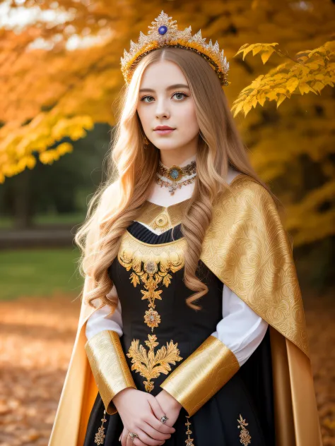 21 year old woman with long golden hair, autumn flower dress, full body, beautiful crown on head, detailed face, detailed skin, ...