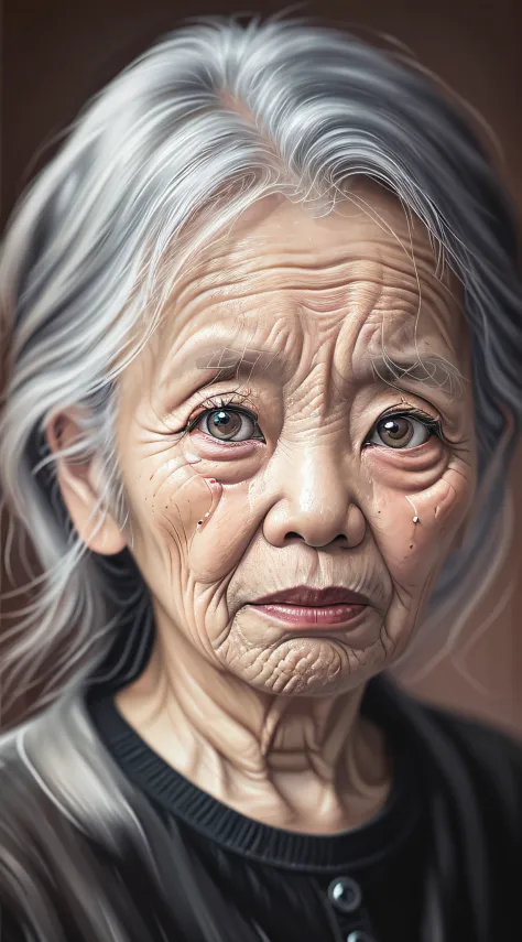 An old Vietnamese woman with wrinkles and a paternity shirt looking at the camera, 90 years old, Surreal digital painting, wrink...