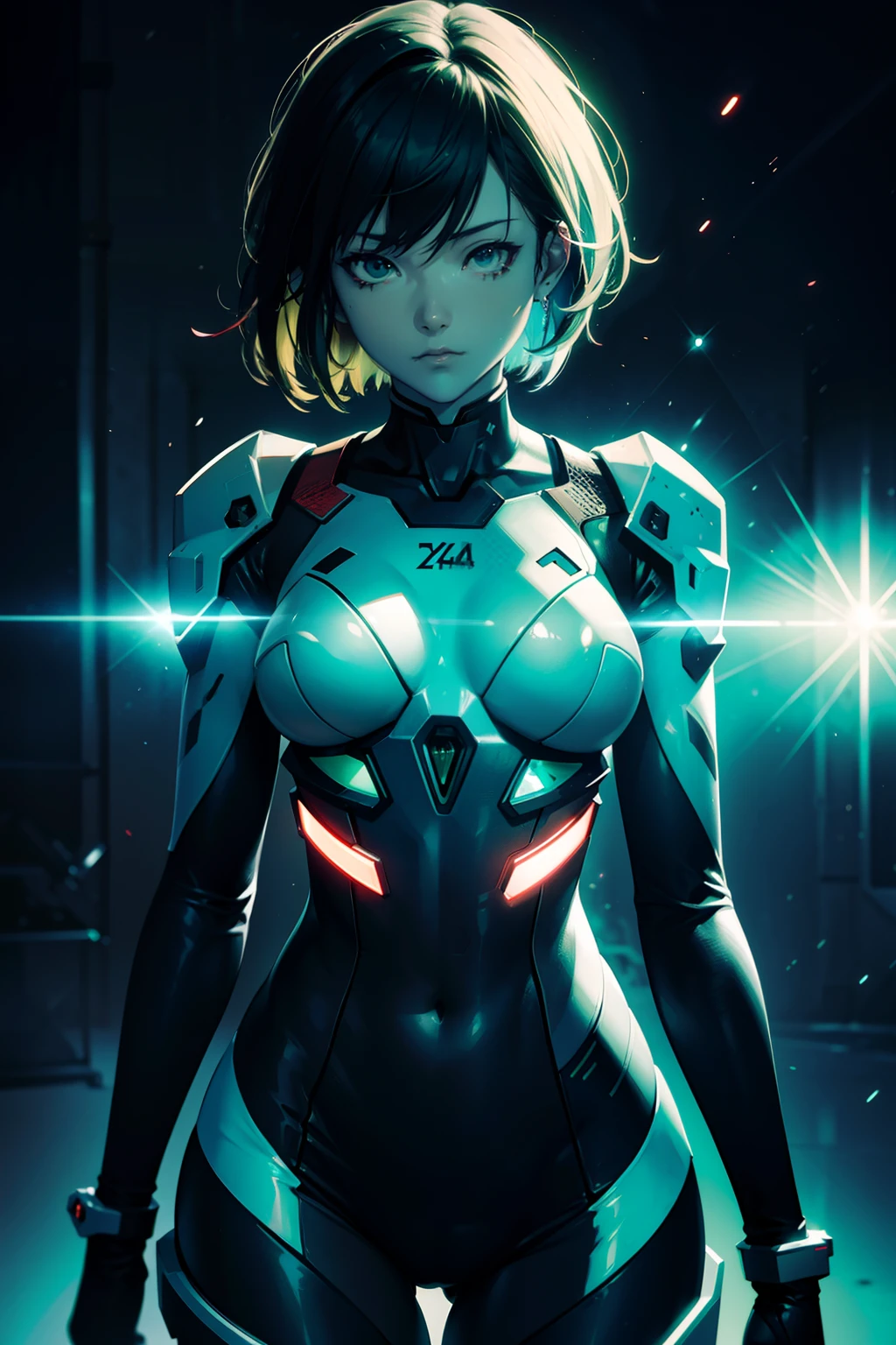 Asuka-Evangelion (((From face to the waist view::1. 4))), realistic skin texture, front view::1.0, in complex & hyper detailed crimson and black plugsuit armor (((light glow effect in dark green shade aesthetic in image))), dinamic panning photography move/pose::1, midnight hour illuminationr, (masterpiece), best quality, perfect pretty face, 8k