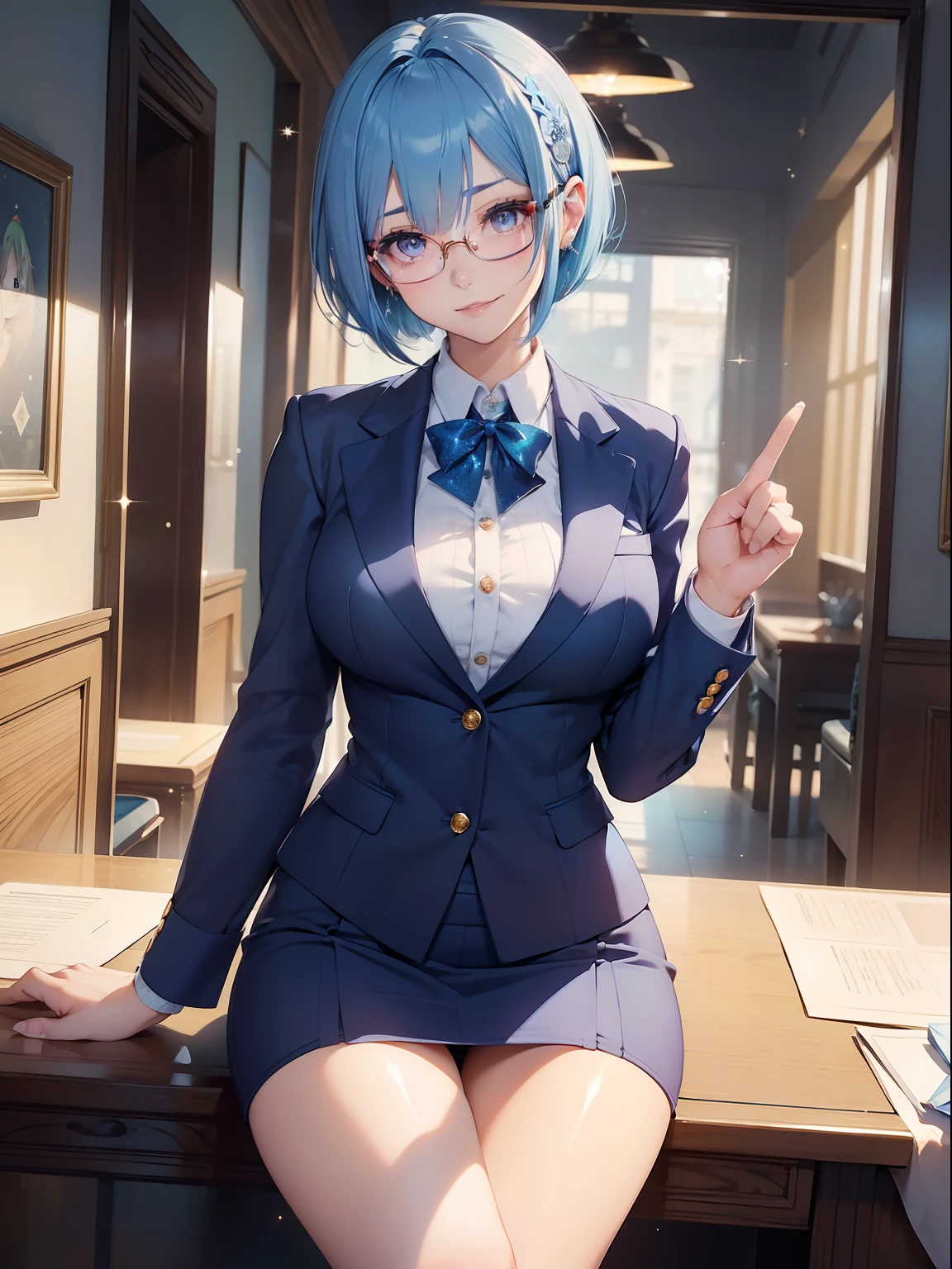 masutepiece, High resolution, 8K, anime woman, Delicate and detailed writing 、Detailed digital illustration、(((Pixie Bob)))、Shiny hair、a very beautiful woman、Eyes are double, Large,、 Bust is D cup、High image quality, High quality、Detailed background、The inside of the eye shines like a diamond、(((Blue hair)))、(((swept bangs)))、Gradient pupil、(((2 arms、4 fingers, 1 thumb)))、Detailed female face、a very beautiful woman、、细致背景、​masterpiece、Soft Focus , Bright gradient watercolor , Lens Flare , (((Glitter))) , Glow , Dreamy ,、a miniskirt、Idol、Light blue ribbon、((Very beautiful light blue rose hair accessories))、White and light blue and golden costume、((POV))、(((wears glasses)))、Dynamic Poses、intelligent woman,(((Sexy Business Suit)))、legs crossed、A smile