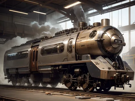Robotic bullet train, futuristic steampunk, steam jet engine, steam mechanisms, hyper details