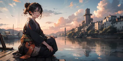 japanese_clothes, hair_bun, kimono, sky, cloud, water, black_hair, 1girl, outdoors, sunset, sitting, sash, river, reflection, cityscape, evening, cloudy_sky, city, looking_at_viewer, obi, bangs, twilight, scenery, solo, building, smile, wide_sleeves, pier,...