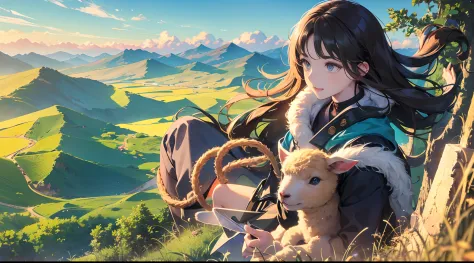 At the summit，A lonely 16-year-old girl with a lamb in her flock。Wear khaki cloth，Pedal thick shoes，The look in the eyes reveals firmness and persistence。The sky is blue，sun shining through clouds，The air is crisp and pure。 Herding sheep at the top of a mo...