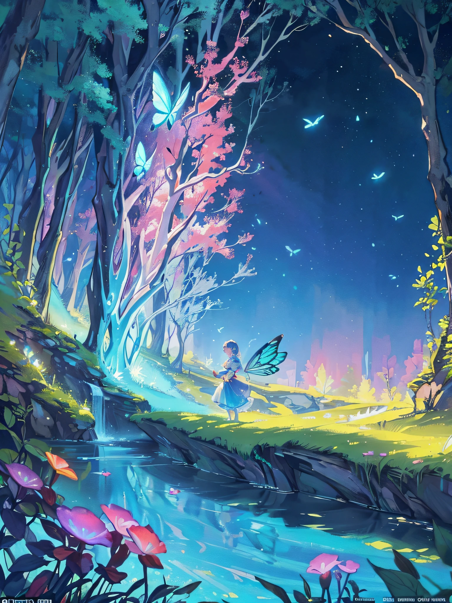 Enchanted mystical forest, neon-colored butterflies, pure blue water river spring, golden mini fairies, glowing mushrooms releasing pollen, extremely beautiful landscape, (ultra-realistic), {extremely detailed 8k CG unit wallpaper}, expansive landscape photography, (a low view that prioritizes the entire scene, (wide open field view), (low angle shot), (high light: 1.5), (low light: 1.0), (warm light source: 1.0), complex details, (iridescent colors: 1.5), (bright lighting), (atmospheric lighting), nature, magical, landscape