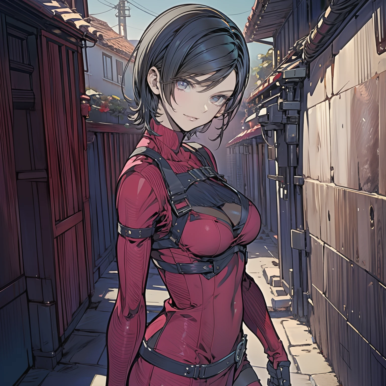 1 girl, solamente, Ada Wong de Resident Evil 4 Remake, pelo corto, cabello negro, red dress, cleavage, bikini rojo, cara de Adriana, Visor mirando,Looking back, cuerpo completo sonrisa tortuosa,La mejor calidad, High resolution:1.2, Pueblo del siglo 18 en el fondo, Sombras, Nightime, Luz de la luna, Disparo en la parte superior del cuerpo, low camera angle, Profundidad de campo, Enfoque central, detailed eyes, perfect face and eyes