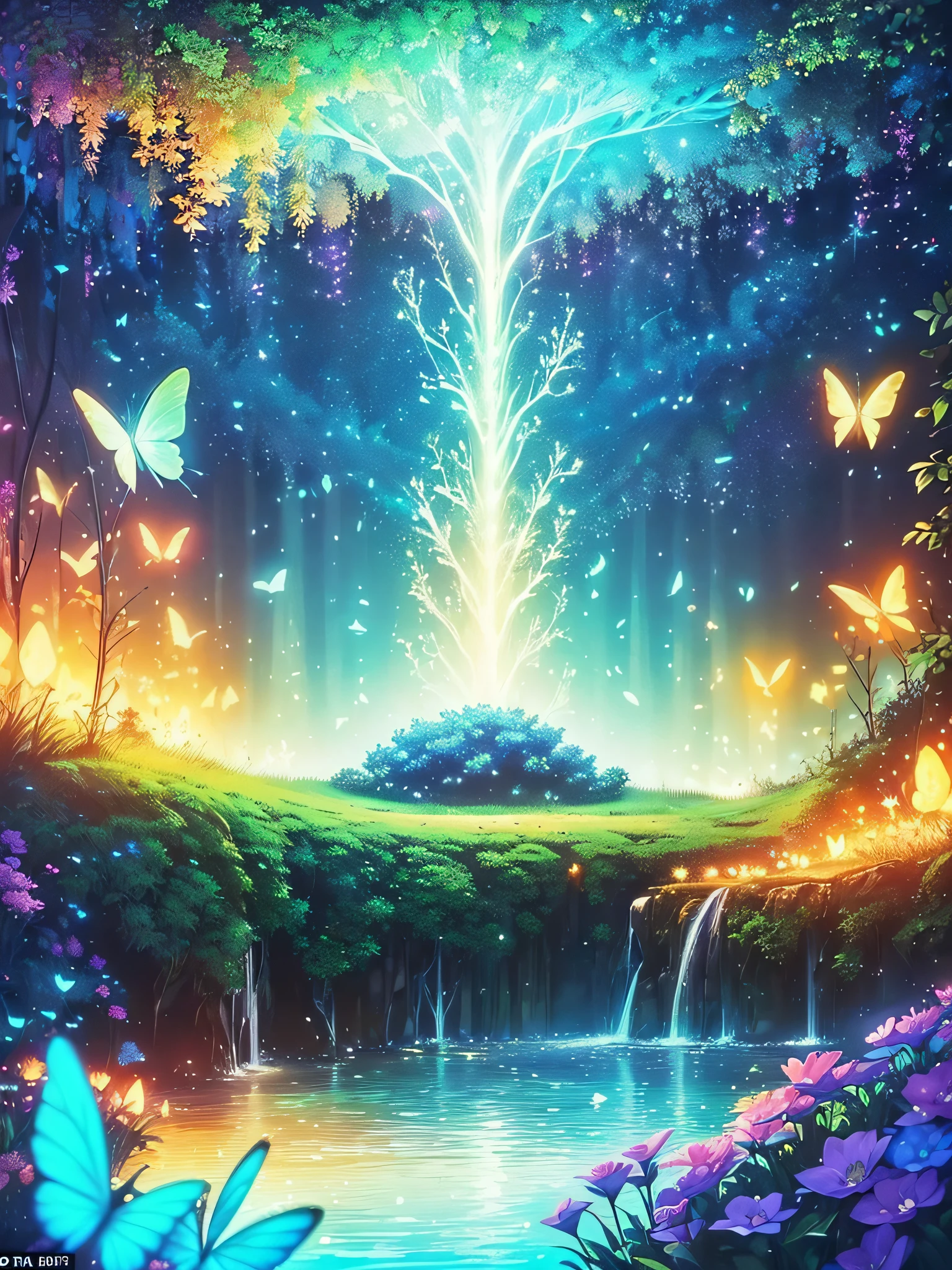 Enchanted mystical forest, neon-colored butterflies, pure blue water river spring, golden mini fairies, glowing mushrooms releasing pollen, extremely beautiful landscape, (ultra-realistic), {extremely detailed 8k CG unit wallpaper}, expansive landscape photography, (a low view that prioritizes the entire scene, (wide open field view), (low angle shot), (high light: 1.5), (low light: 1.0), (warm light source: 1.0), complex details, (iridescent colors: 1.5), (bright lighting), (atmospheric lighting), nature, magical, landscape