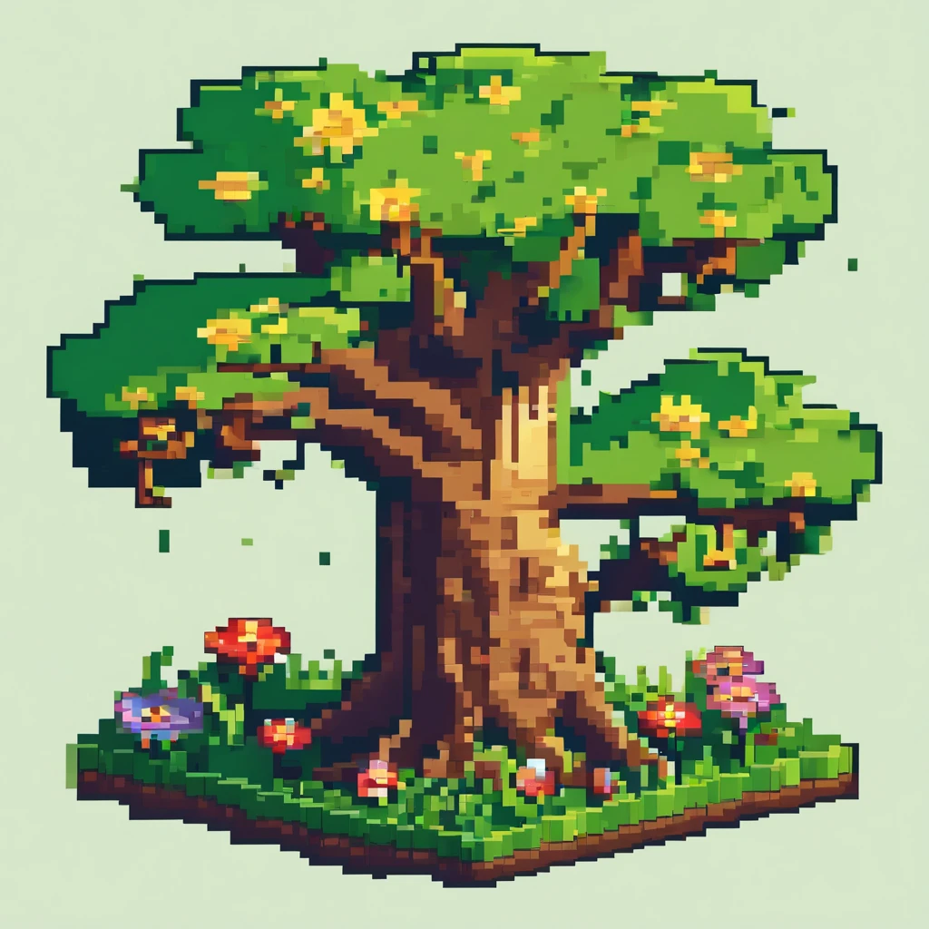 une scène forestière, avec arbre et fleurs