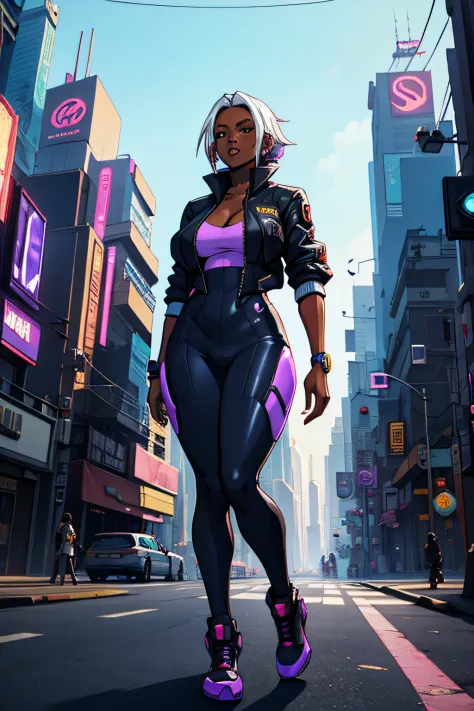 Dark skin, milf, old woman, sexy, full body, cyberpunk city, cool outfit