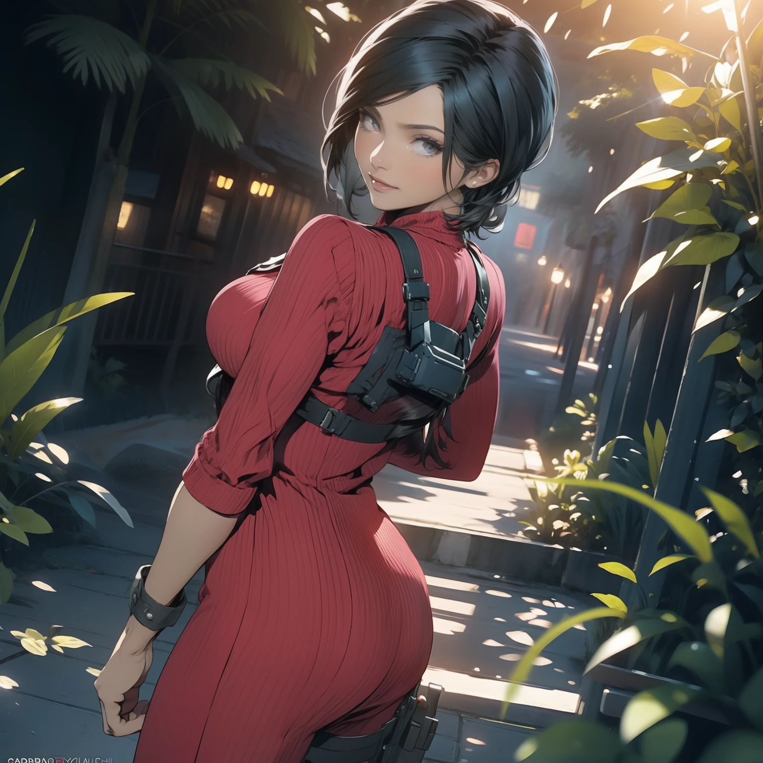 1 girl, solamente, Ada Wong de Resident Evil 4 Remake, pelo corto, cabello negro, red dress, cleavage, bikini rojo, cara de Adriana, Visor mirando,Looking back, cuerpo completo sonrisa tortuosa,La mejor calidad, High resolution:1.2, Pueblo del siglo 18 en el fondo, Sombras, Nightime, Luz de la luna, Disparo en la parte superior del cuerpo, low camera angle, Profundidad de campo, Enfoque central, detailed eyes, perfect face and eyes