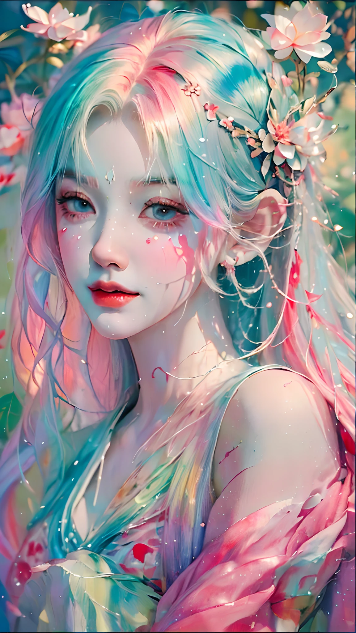 (Masterpiece, Best quality, high resolution), Lotus background, ((paint splatter, colored splashing, Splash of Ink, colored splashing)), ((Sweet Chinese girl, Rainbow hair)), Pink lips, Front, Upper body,Lotus in the background, Lotus flowers in water,ssmile
